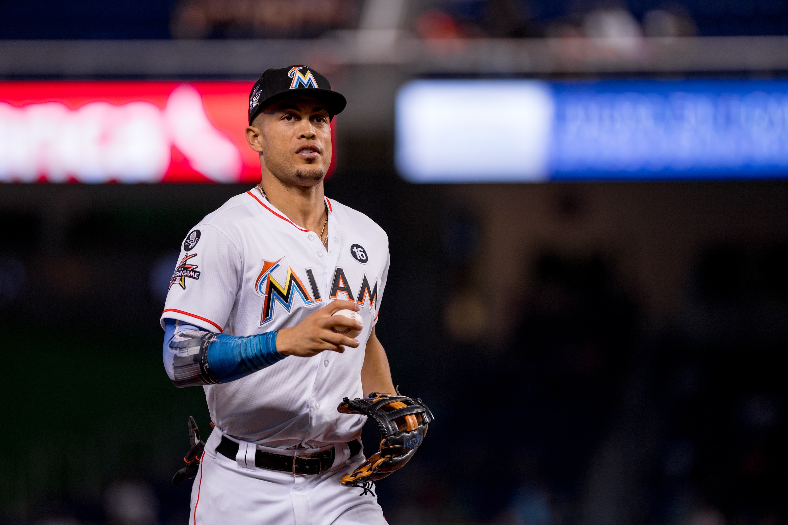 MIAMI, FL - OCTOBER 01: Giancarlo Stanton #27 of the Miami Marlins during the game against the Atlanta Braves at Marlins Park on October 1, 2017 in Miami, Florida. (Photo by Rob Foldy/Miami Marlins via Getty Images) MIAMI, FL - OCTOBER 01: Giancarlo Stanton #27 of the Miami Marlins during the game against the Atlanta Braves at Marlins Park on October 1, 2017 in Miami, Florida. (Photo by Rob Foldy/Miami Marlins via Getty Images)