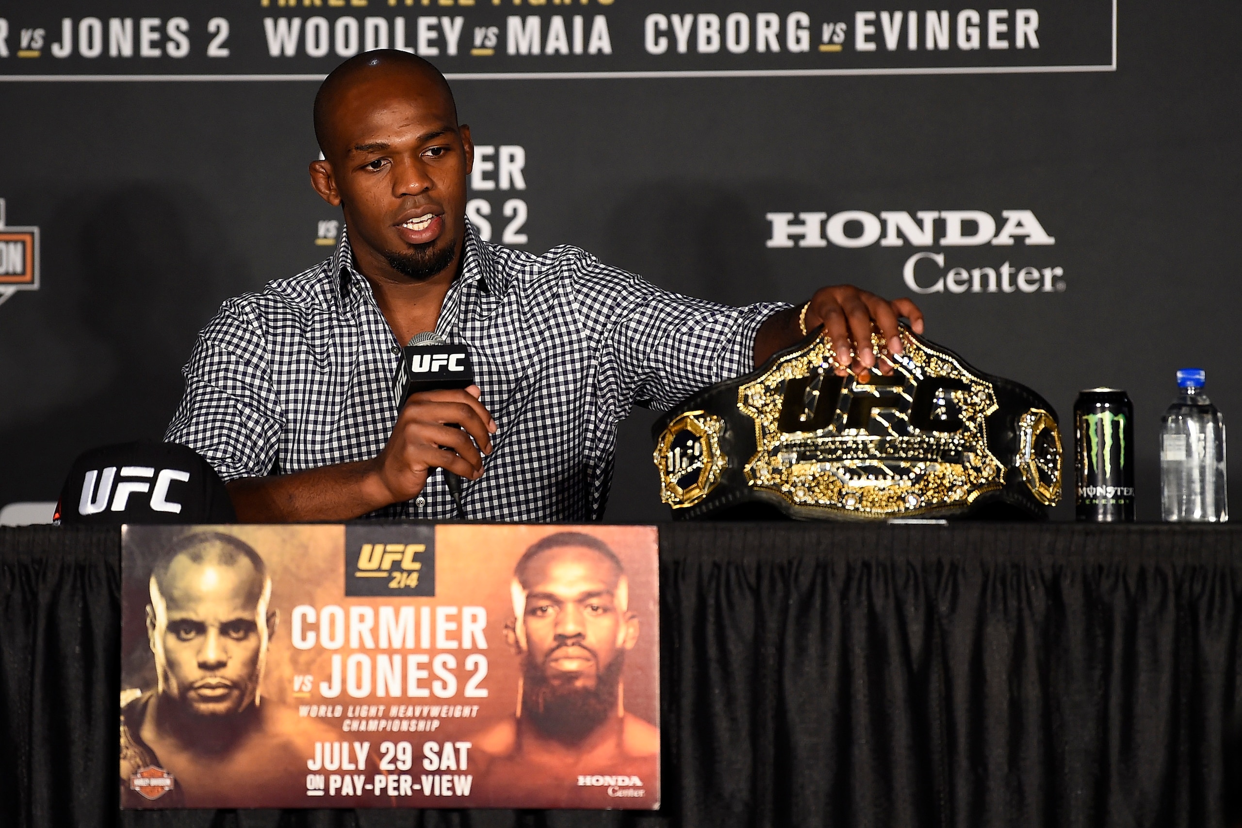 ANAHEIM, CA - JULY 29:  Jon Jones speaks to the media during the UFC 214 post fight press conference inside the Honda Center on July 29, 2017 in Anaheim, California. (Photo by Jeff Bottari/Zuffa LLC/Zuffa LLC via Getty Images)