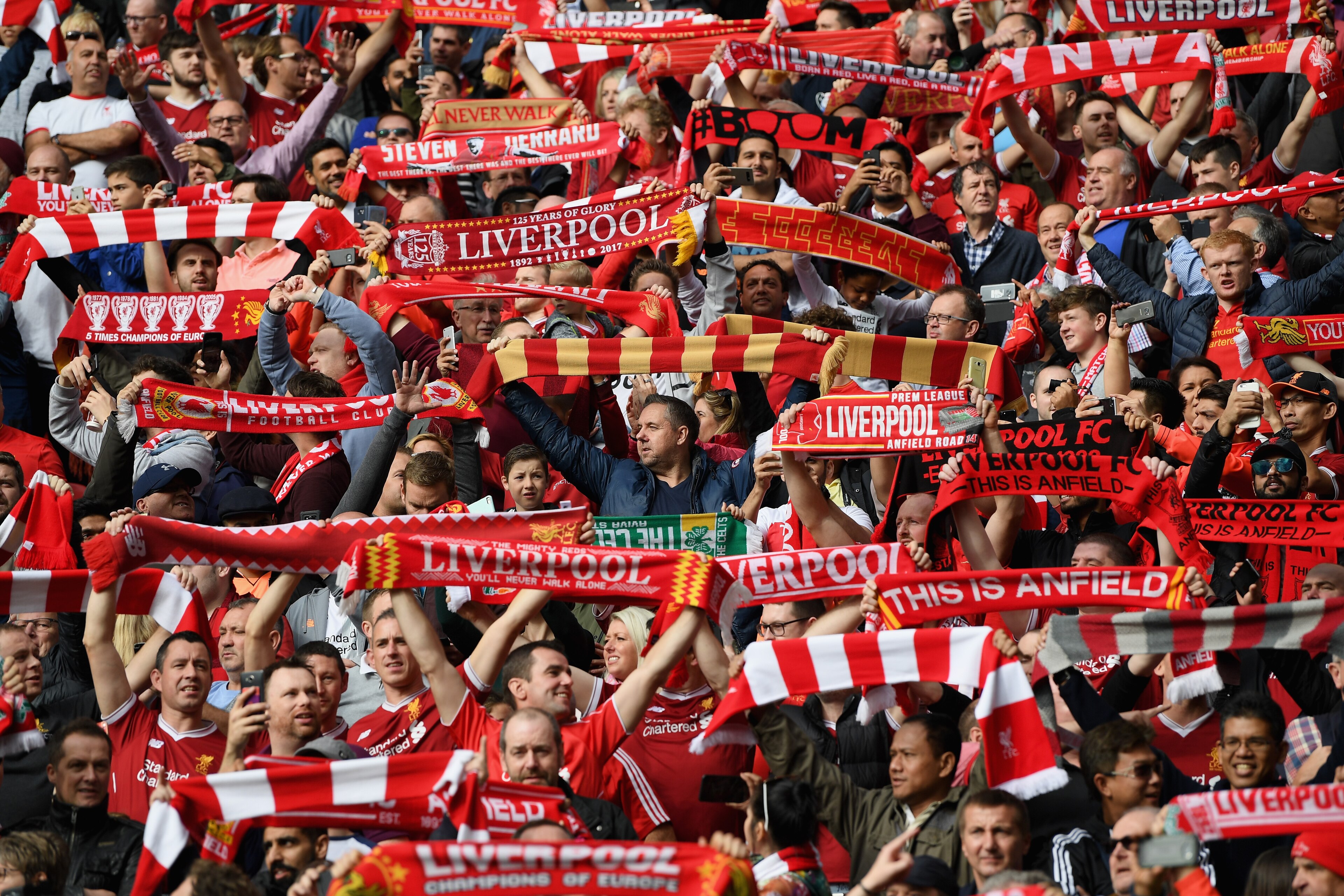 LIVERPOOL, ENGLAND - OCTOBER 14:  Fans show their support during the Premier League match between Liverpool and Manchester United at Anfield on October 14, 2017 in Liverpool, England.  (Photo by Shaun Botterill/Getty Images)