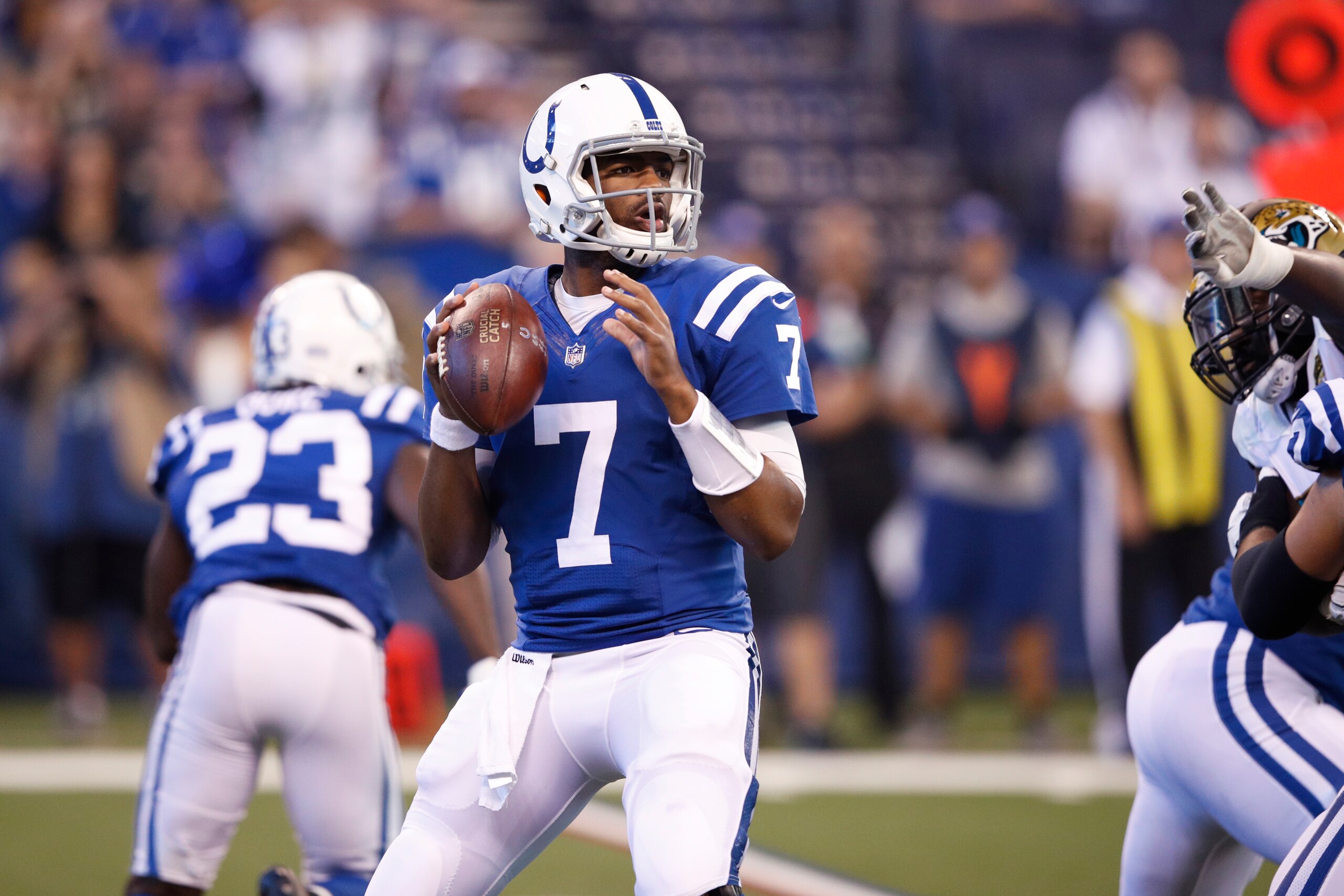 INDIANAPOLIS, IN - OCTOBER 22: Jacoby Brissett #7 of the Indianapolis Colts looks to pass during a game against the Jacksonville Jaguars at Lucas Oil Stadium on October 22, 2017 in Indianapolis, Indiana. Jacksonville won 27-0. (Photo by Joe Robbins/Getty 