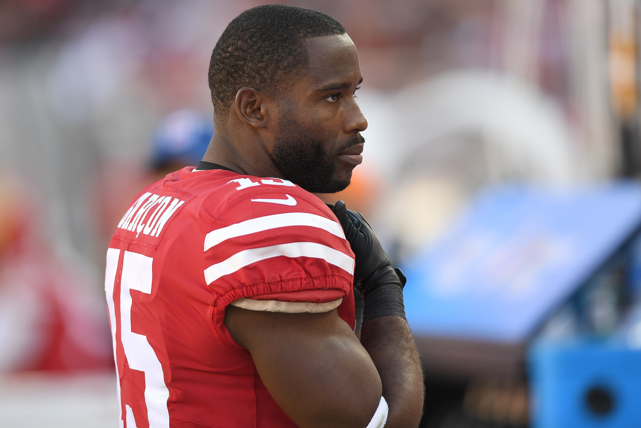SANTA CLARA, CA - OCTOBER 22:  Pierre Garcon #15 of the San Francisco 49ers looks on from the sidelines during their NFL football game against the Dallas Cowboys  at Levi's Stadium on October 22, 2017 in Santa Clara, California.  (Photo by Thearon W. Hend