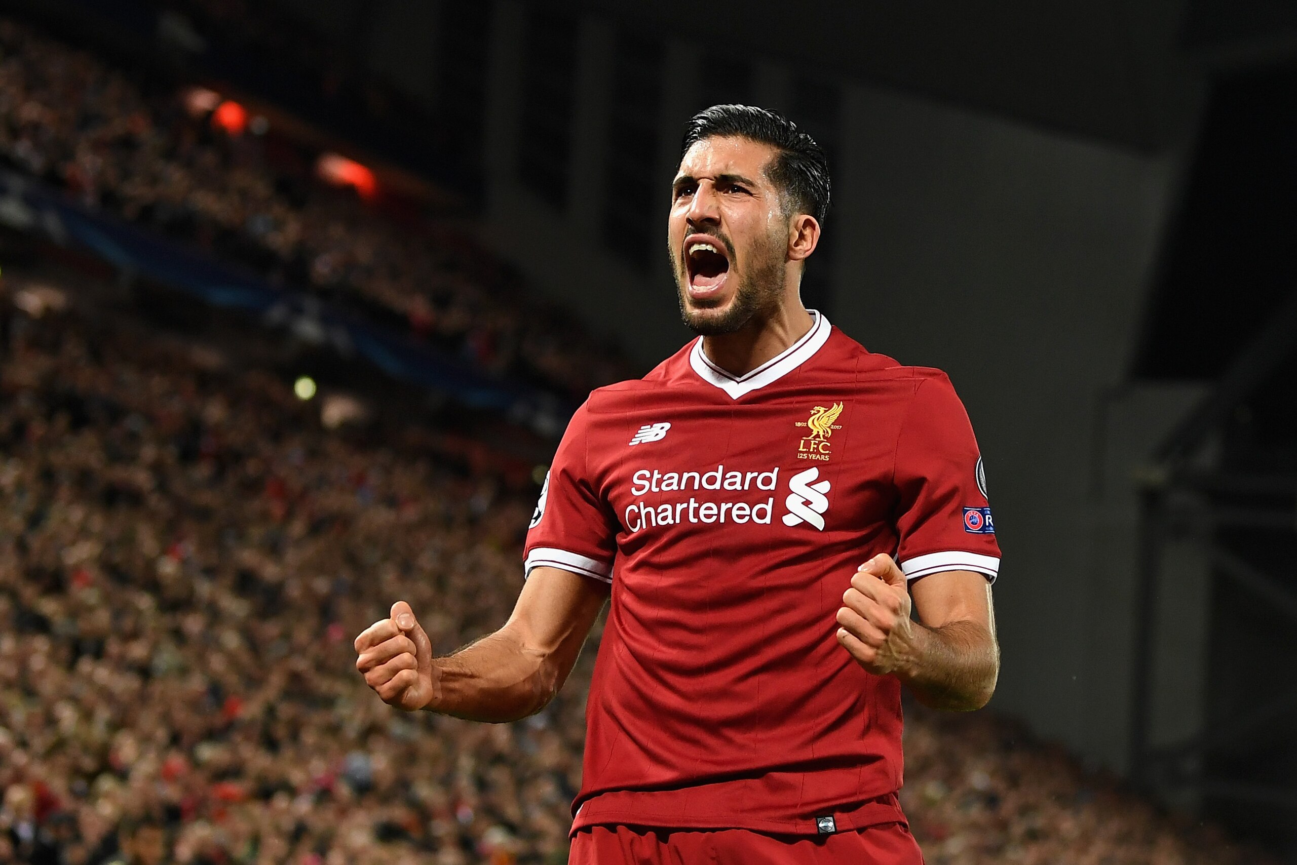 LIVERPOOL, ENGLAND - NOVEMBER 01:  Emre Can of Liverpool celebrates scoring his sides second goal during the UEFA Champions League group E match between Liverpool FC and NK Maribor at Anfield on November 1, 2017 in Liverpool, United Kingdom.  (Photo by Mi