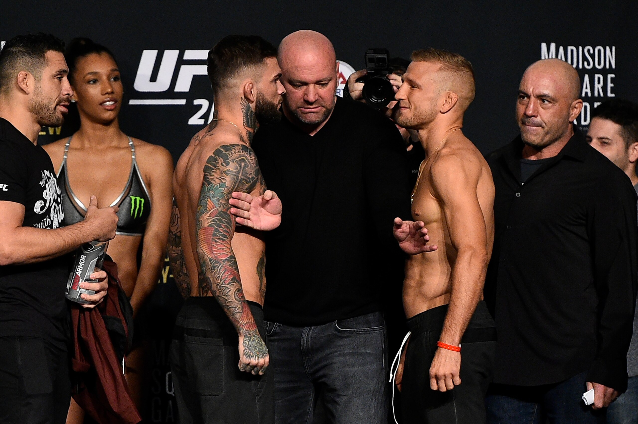 NEW YORK, NY - NOVEMBER 03:  (L-R) Cody Garbrandt and TJ Dillashaw face off during the UFC 217 weigh-in inside Madison Square Garden on November 3, 2017 in New York City. (Photo by Jeff Bottari/Zuffa LLC/Zuffa LLC via Getty Images)
