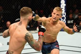 NEW YORK, NY - NOVEMBER 04:  TJ Dillashaw
lands a punch against Cody Garbrandt in their UFC bantamweight championship bout during the UFC 217 event at Madison Square Garden on November 4, 2017 in New York City.  (Photo by Josh Hedges/Zuffa LLC/Zuffa LLC v