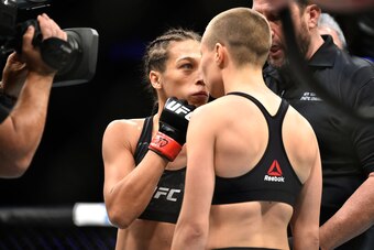 NEW YORK, NY - NOVEMBER 04:  Rose Namajunas
and Joanna Jedrzejczyk of Poland face off before their UFC women's strawweight championship bout during the UFC 217 event at Madison Square Garden on November 4, 2017 in New York City.  (Photo by Jeff Bottari/Zu