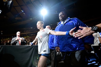 NEW YORK, NY - NOVEMBER 04: Rose Namajunas
approaches the octagon for herUFC women's strawweight championship bout against Joanna Jedrzejczyk of Poland during the UFC 217 event at Madison Square Garden on November 4, 2017 in New York City.  (Photo by Jeff