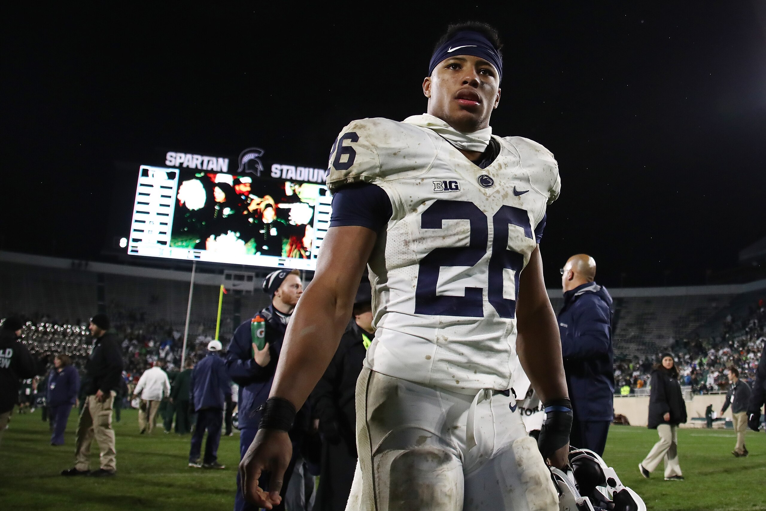 EAST LANSING, MI - NOVEMBER 04: Saquon Barkley #26 of the Penn State Nittany Lions leaves the field after a 27-24 loss to the Michigan State Spartans at Spartan Stadium on November 4, 2017 in East Lansing, Michigan. (Photo by Gregory Shamus/Getty Images)