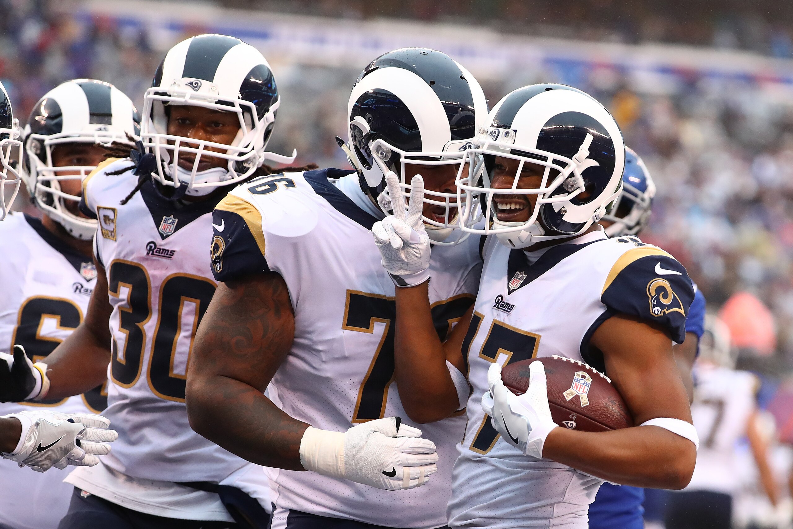 EAST RUTHERFORD, NJ - NOVEMBER 05:  Robert Woods #17 of the Los Angeles Rams celebrates after scoring his second touchdown of the day against the New York Giants during their game at MetLife Stadium on November 5, 2017 in East Rutherford, New Jersey.  (Ph
