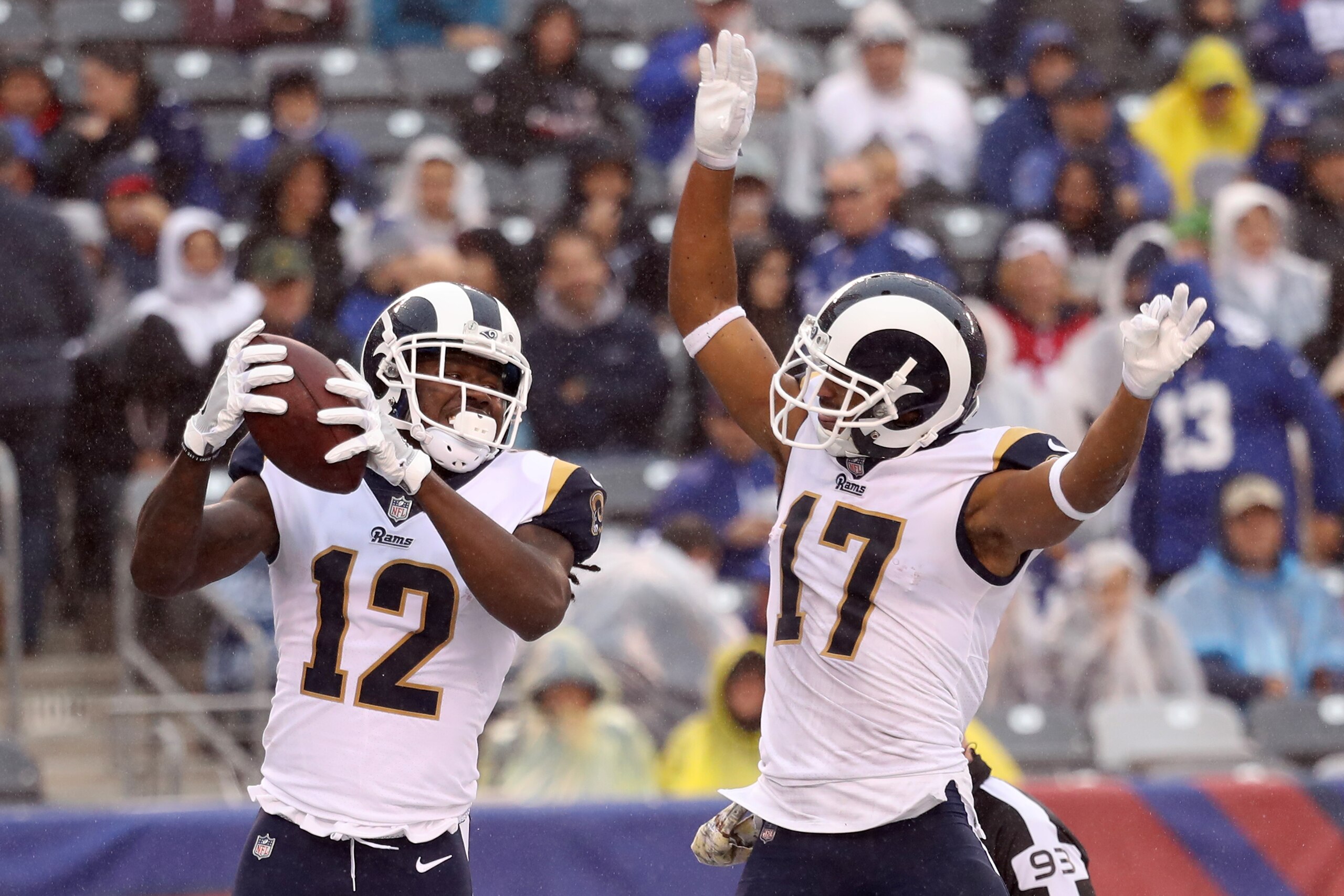EAST RUTHERFORD, NJ - NOVEMBER 5: Sammy Watkins #12 celebrates with Robert Woods #17 of the Los Angeles Rams after scoring a touchdown against the New York Giants at MetLife Stadium on November 5, 2017 in East Rutherford, New Jersey. (Photo by Rob Carr/Ge EAST RUTHERFORD, NJ - NOVEMBER 5: Sammy Watkins #12 celebrates with Robert Woods #17 of the Los Angeles Rams after scoring a touchdown against the New York Giants at MetLife Stadium on November 5, 2017 in East Rutherford, New Jersey. (Photo by Rob Carr/Ge