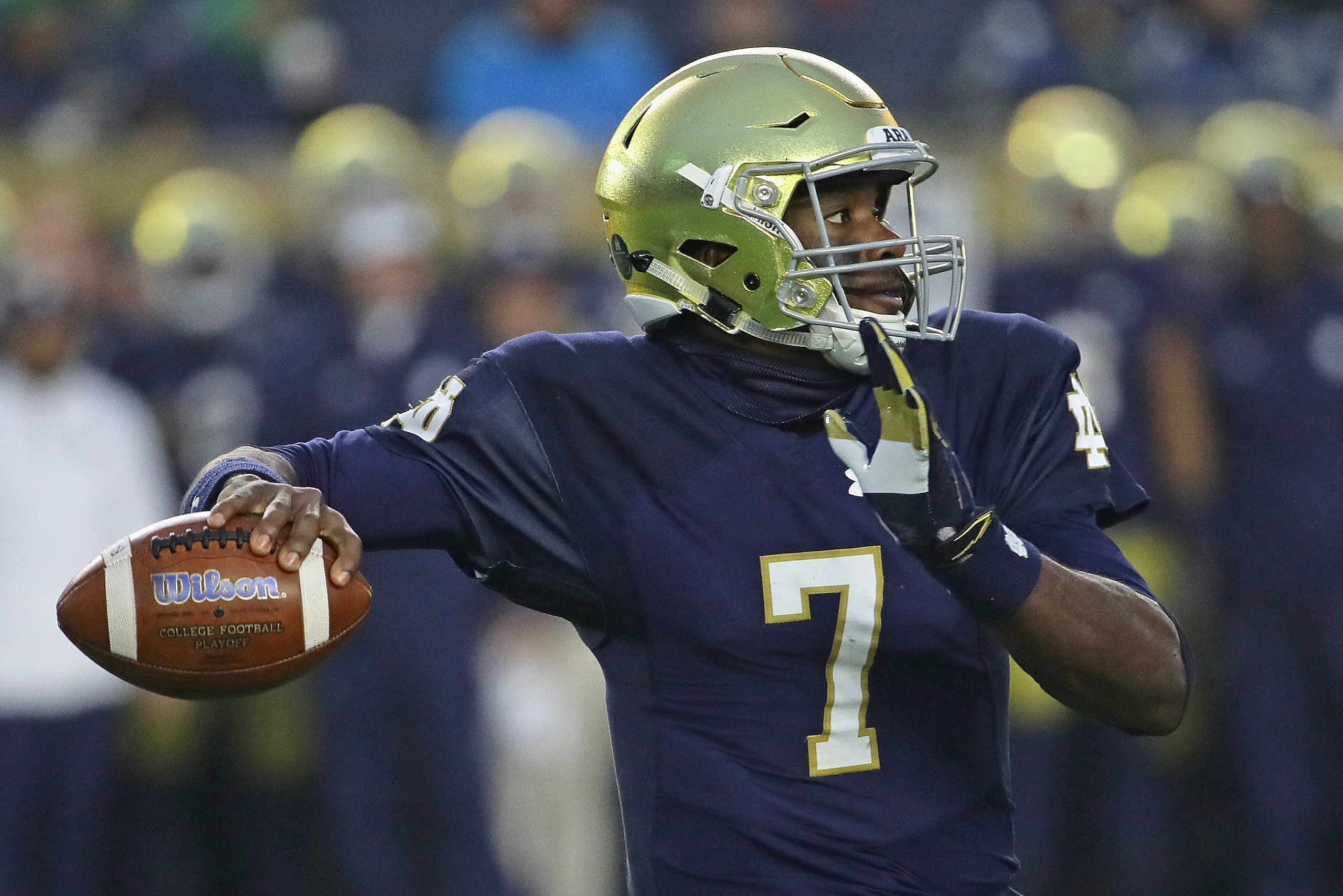 SOUTH BEND, IN - NOVEMBER 04:  Brandon Wimbush #7 of the Notre Dame Fighting Irish passes against the Wake Forest Demon Deacons at Notre Dame Stadium on November 4, 2017 in South Bend, Indiana. Notre Dame defeated Wake Forest 48-37.  (Photo by Jonathan Da