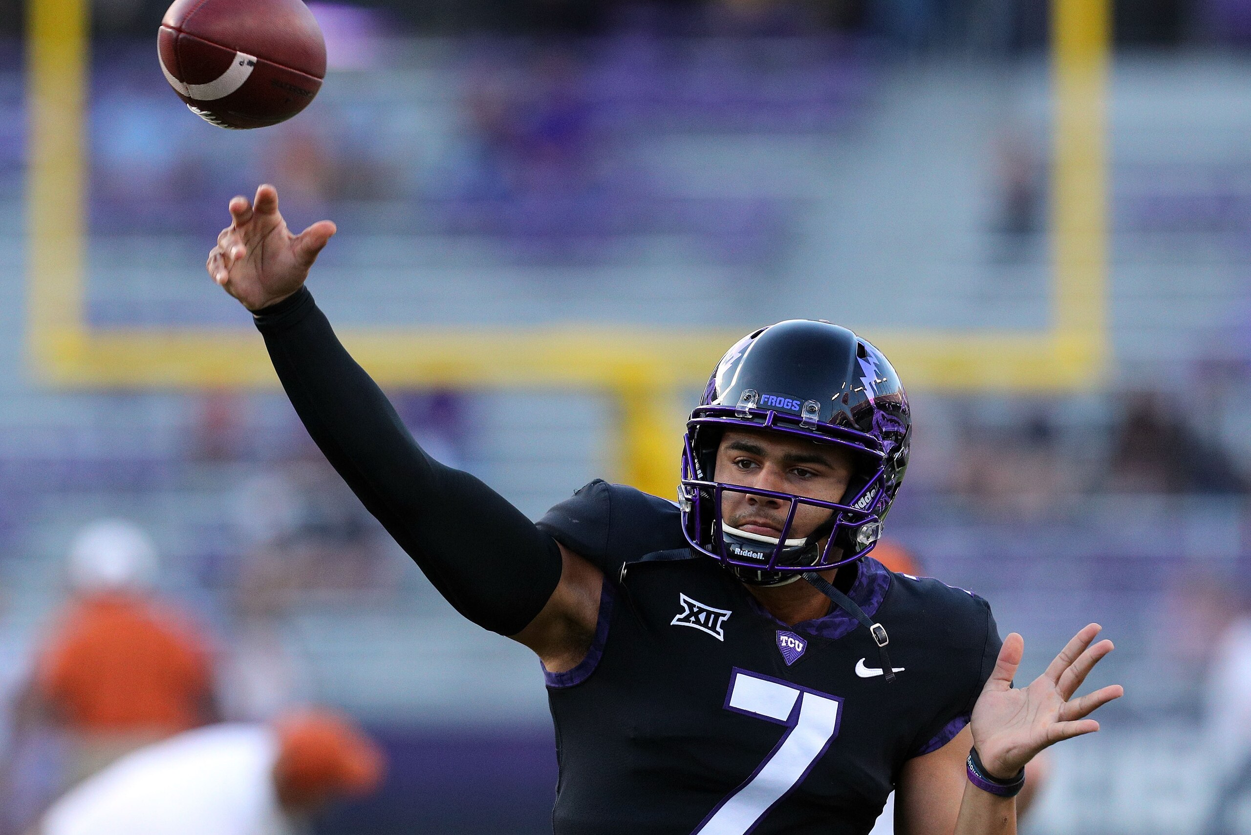FORT WORTH, TX - NOVEMBER 04:  Kenny Hill (7) of the TCU Horned Frogs warms up before the game against Texas at Amon G. Carter Stadium on November 4, 2017 in Fort Worth, Texas.  (Photo by Richard W. Rodriguez/Getty Images)