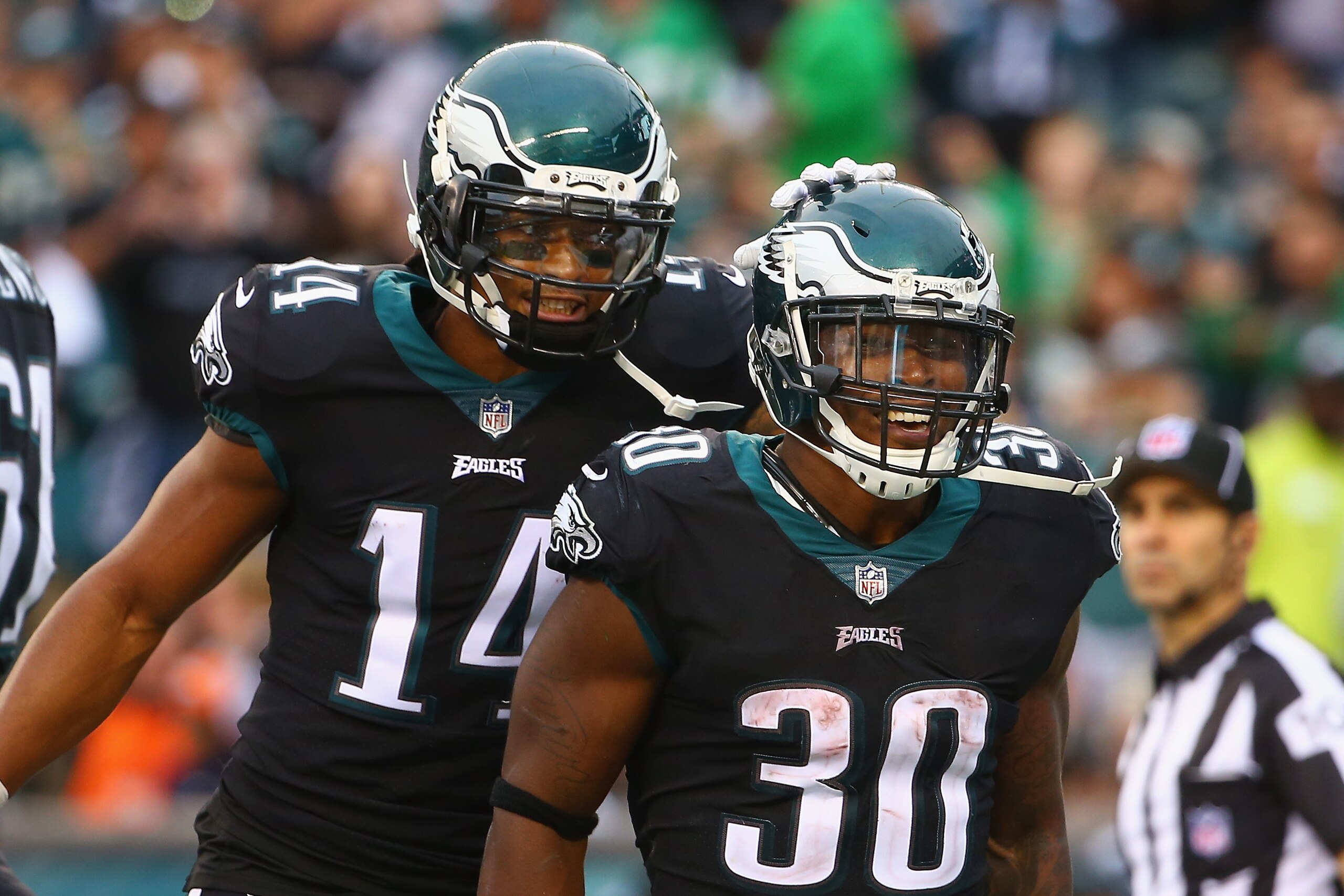 PHILADELPHIA, PA - NOVEMBER 05:  Running back Corey Clement #30 of the Philadelphia Eagles celebrates his touchdown with teammate wide receiver Marcus Johnson #14 during the fourth quarter against the Denver Broncos at Lincoln Financial Field on November 