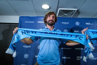 New York City FC players Andrea Pirlo attends a press conference during the club's annual media day on March 9, 2017, in New York. / AFP PHOTO / EDUARDO MUNOZ ALVAREZ        (Photo credit should read EDUARDO MUNOZ ALVAREZ/AFP/Getty Images)