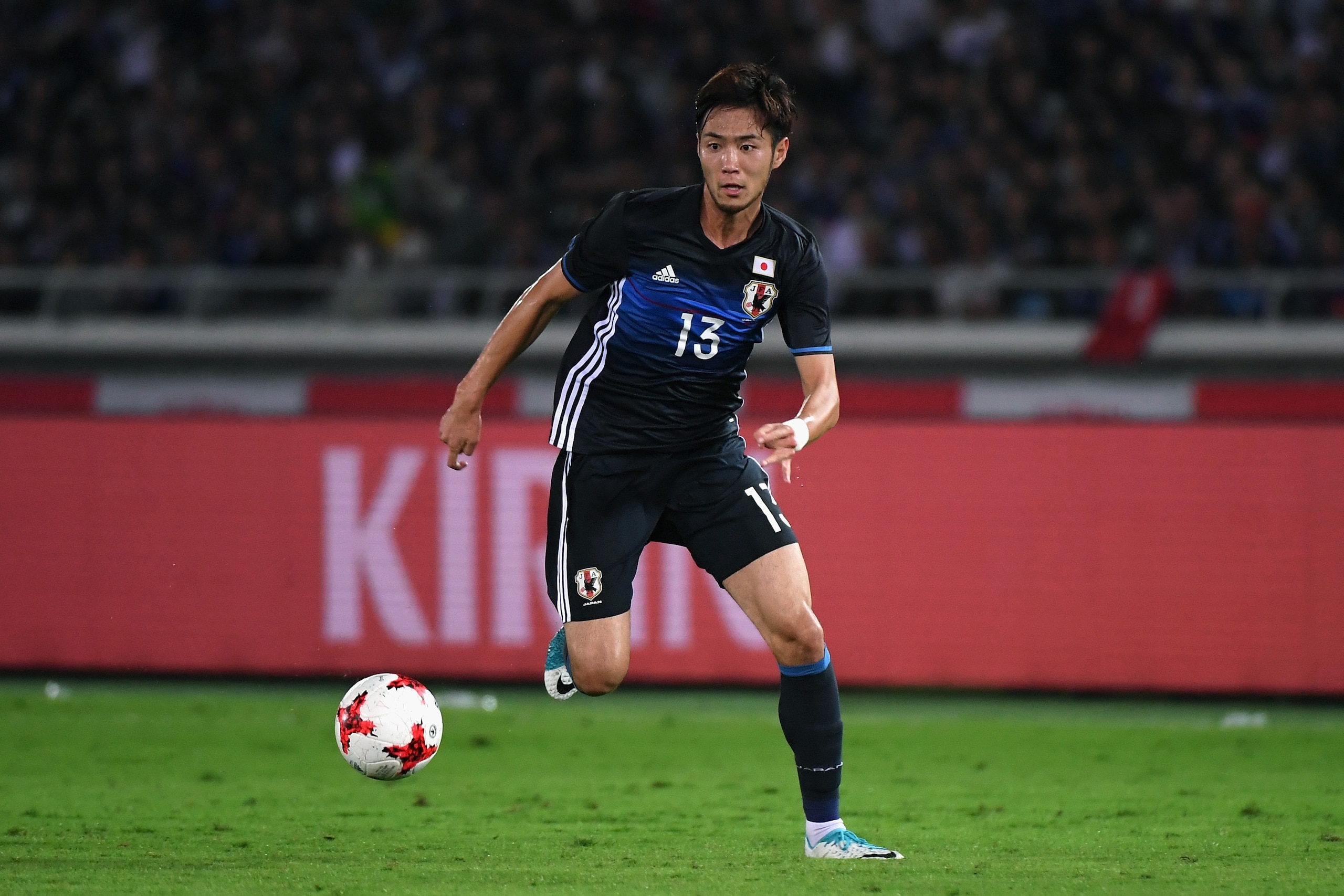 YOKOHAMA, JAPAN - OCTOBER 10:  Kenyu Sugimoto of Japan in action during the international friendly match between Japan and Haiti at Nissan Stadium on October 10, 2017 in Yokohama, Kanagawa, Japan.  (Photo by Kaz Photography/Getty Images)