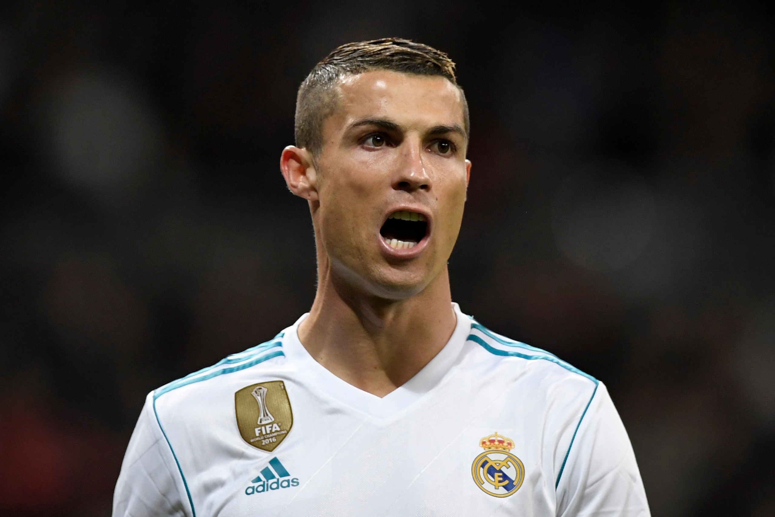 Real Madrid's Portuguese forward Cristiano Ronaldo reacts during the Spanish league football match Real Madrid CF vs UD Las Palmas at the Santiago Bernabeu stadium in Madrid on November 5, 2017. / AFP PHOTO / GABRIEL BOUYS        (Photo credit should read
