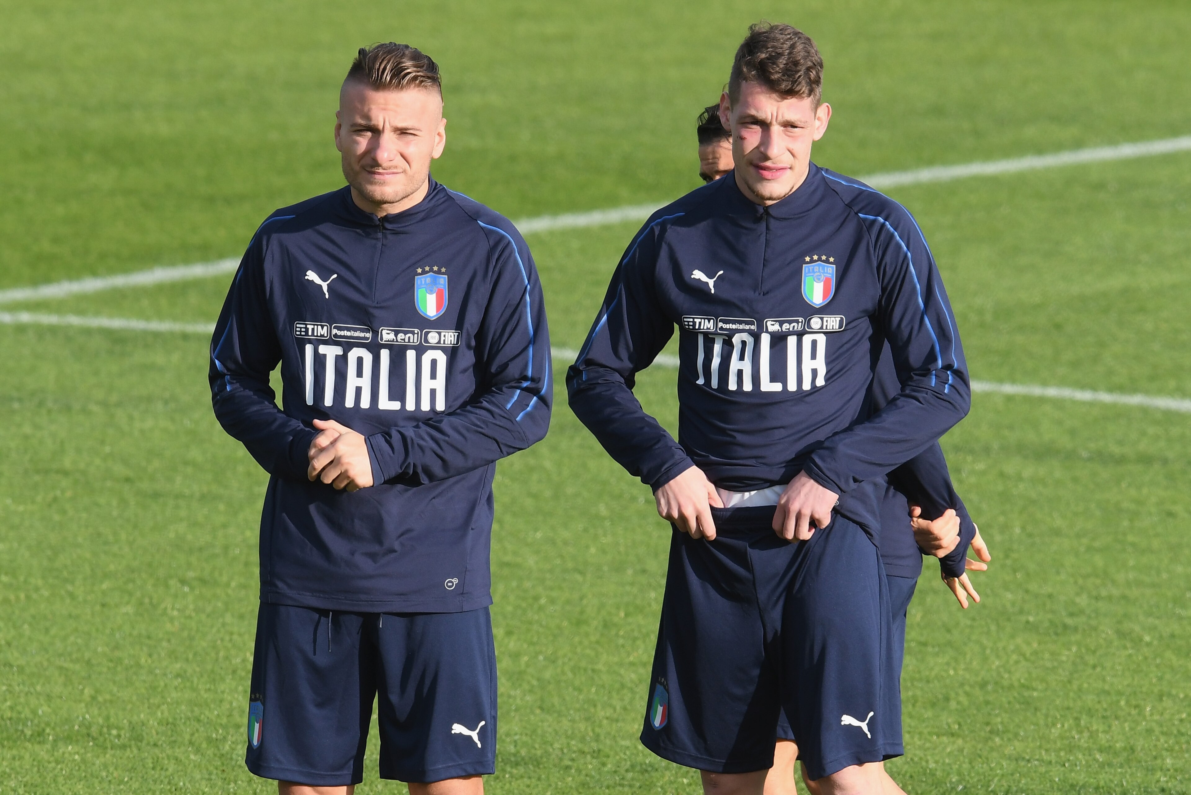 FLORENCE, ITALY - NOVEMBER 07:  Ciro Immobile (L) and Andrea Belotti of Italy look on during the training session at Italy club's training ground at Coverciano on November 7, 2017 in Florence, Italy.  (Photo by Claudio Villa/Getty Images)