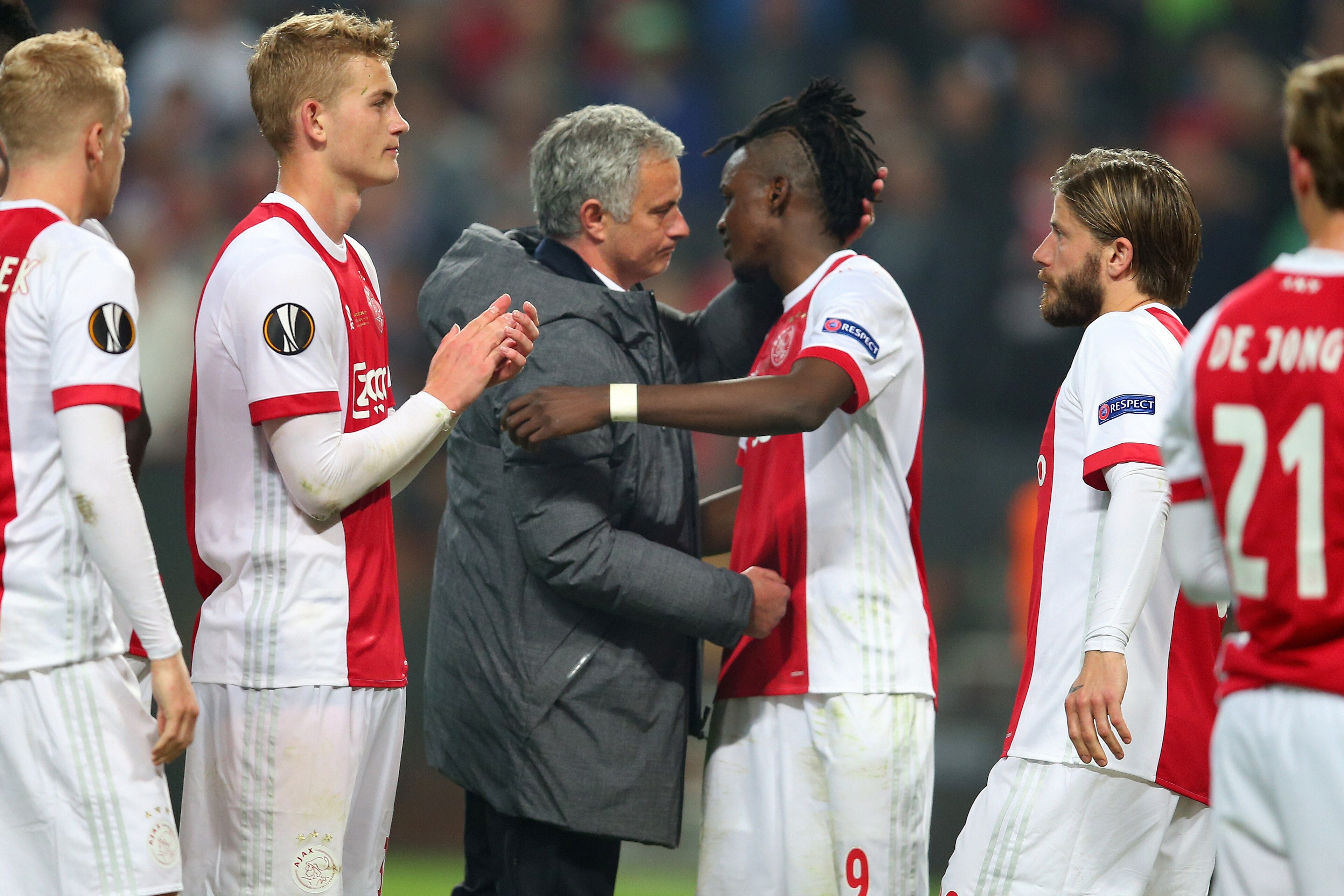STOCKHOLM, SWEDEN - MAY 24:  Jose Mourinho Manager of Manchester United hugs Bertrand Traore of Ajax during the UEFA Europa League Final match between Ajax and Manchester United at Friends Arena on May 24, 2017 in Stockholm, Sweden. (Photo by Catherine Iv