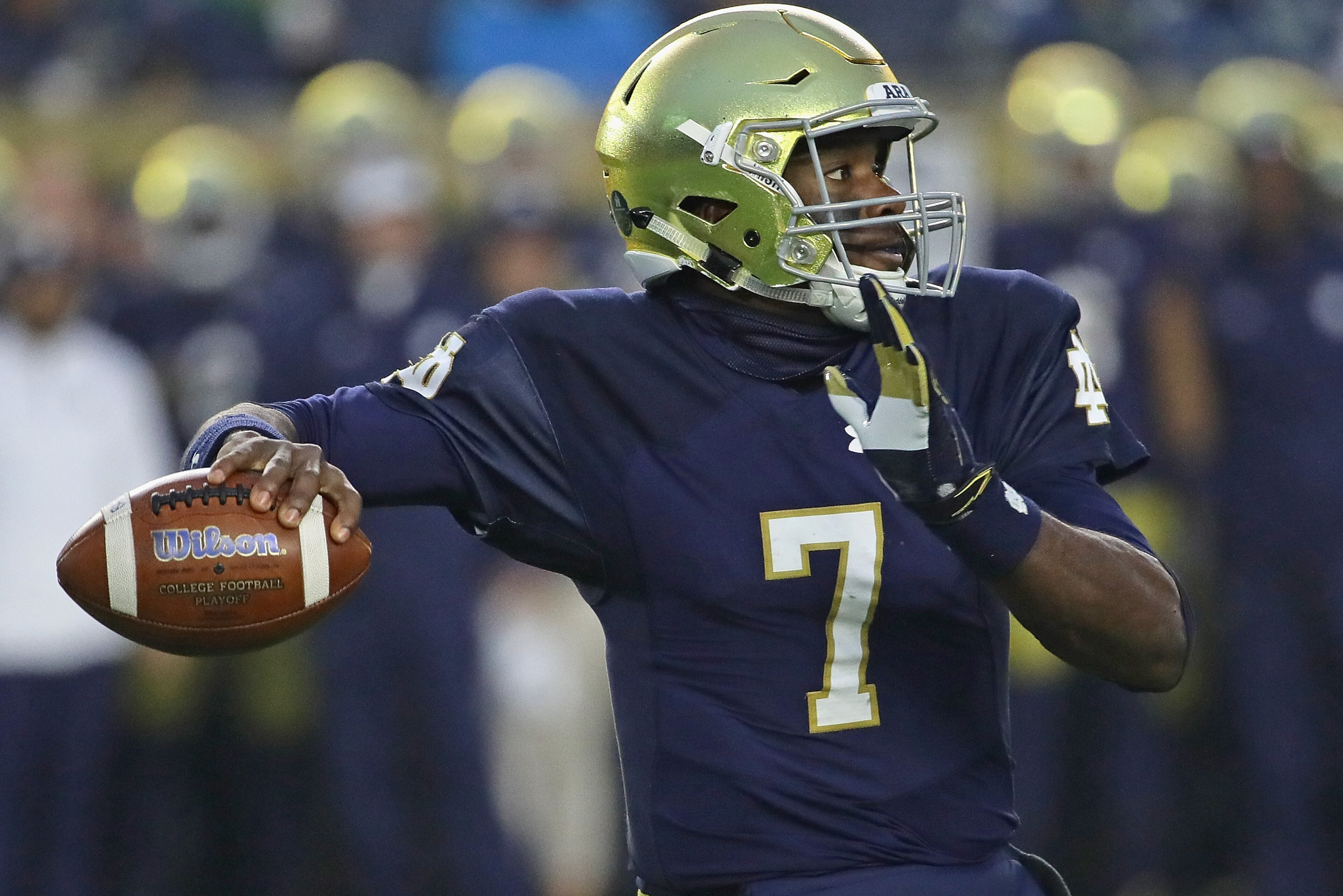 SOUTH BEND, IN - NOVEMBER 04:  Brandon Wimbush #7 of the Notre Dame Fighting Irish passes against the Wake Forest Demon Deacons at Notre Dame Stadium on November 4, 2017 in South Bend, Indiana. Notre Dame defeated Wake Forest 48-37.  (Photo by Jonathan Da