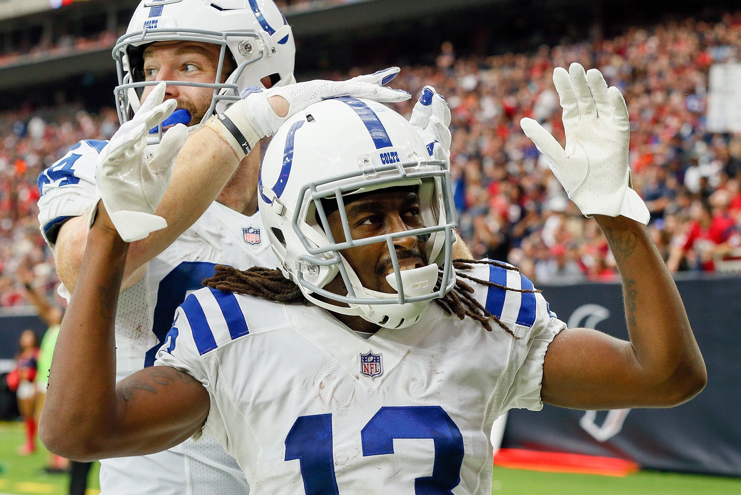 HOUSTON, TX - NOVEMBER 05:  T.Y. Hilton #13 of the Indianapolis Colts celebrates a touchdown in the fourth quarter at NRG Stadium on November 5, 2017 in Houston, Texas. Indianapolis Colts beat the Houston Texans 20-14. (Photo by Bob Levey/Getty Images)