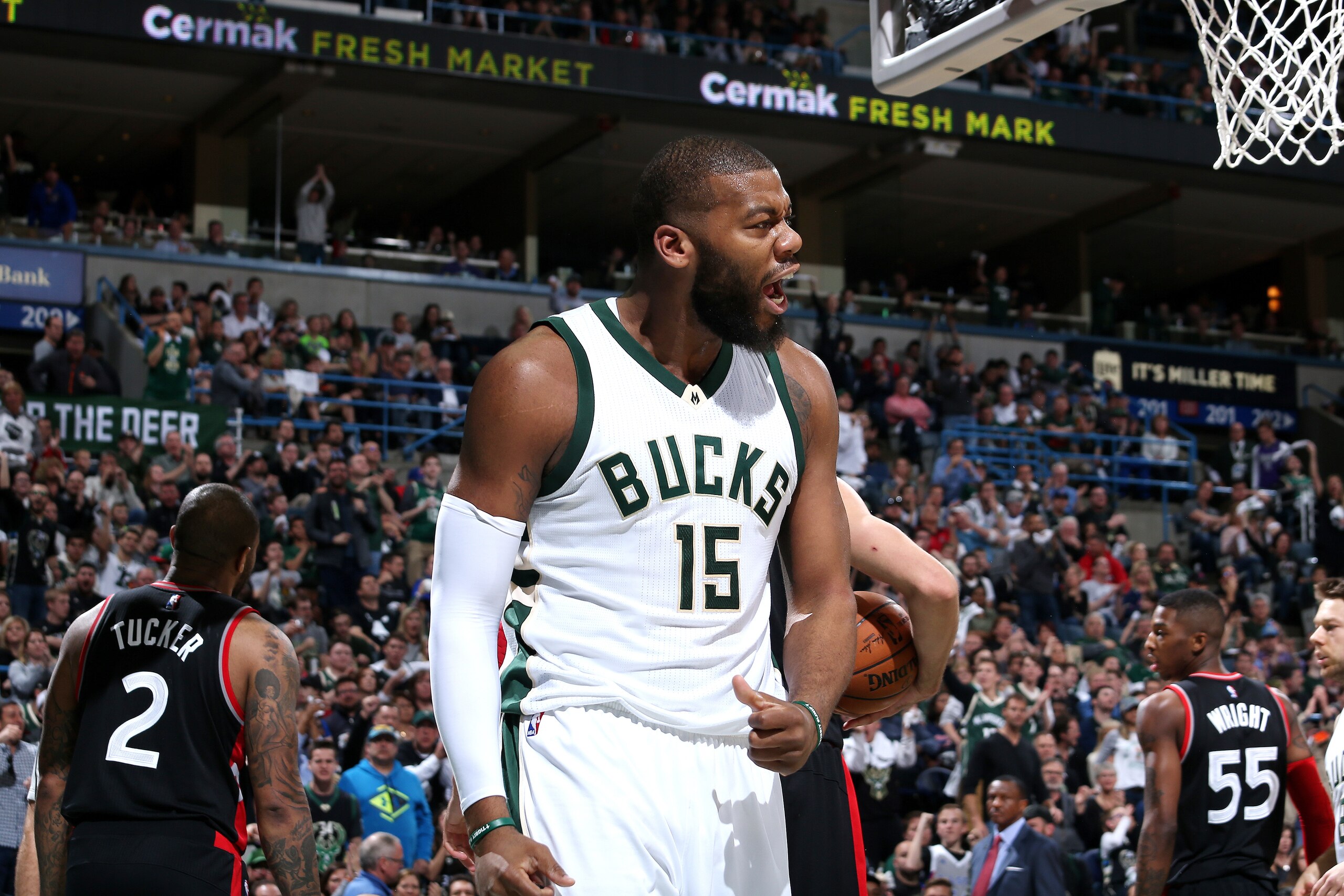 Milwaukee, WI - APRIL 22: Greg Monroe #15 of the Milwaukee Bucks reacts during the game against the Toronto Raptors in Game Four during the Eastern Conference Quarter-finals of the 2017 NBA Playoffs on April 22, 2017 at the BMO Harris Bradley Center in Mi