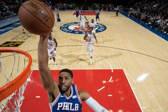 UNIONDALE, NY - OCTOBER 11:   Jahlil Okafor #8 of the Philadelphia 76ers drives to the basket against the Brooklyn Nets during the preseason game on October 11, 2017 at Nassau Veterans Memorial Coliseum in Uniondale, New York. NOTE TO USER: User expressly