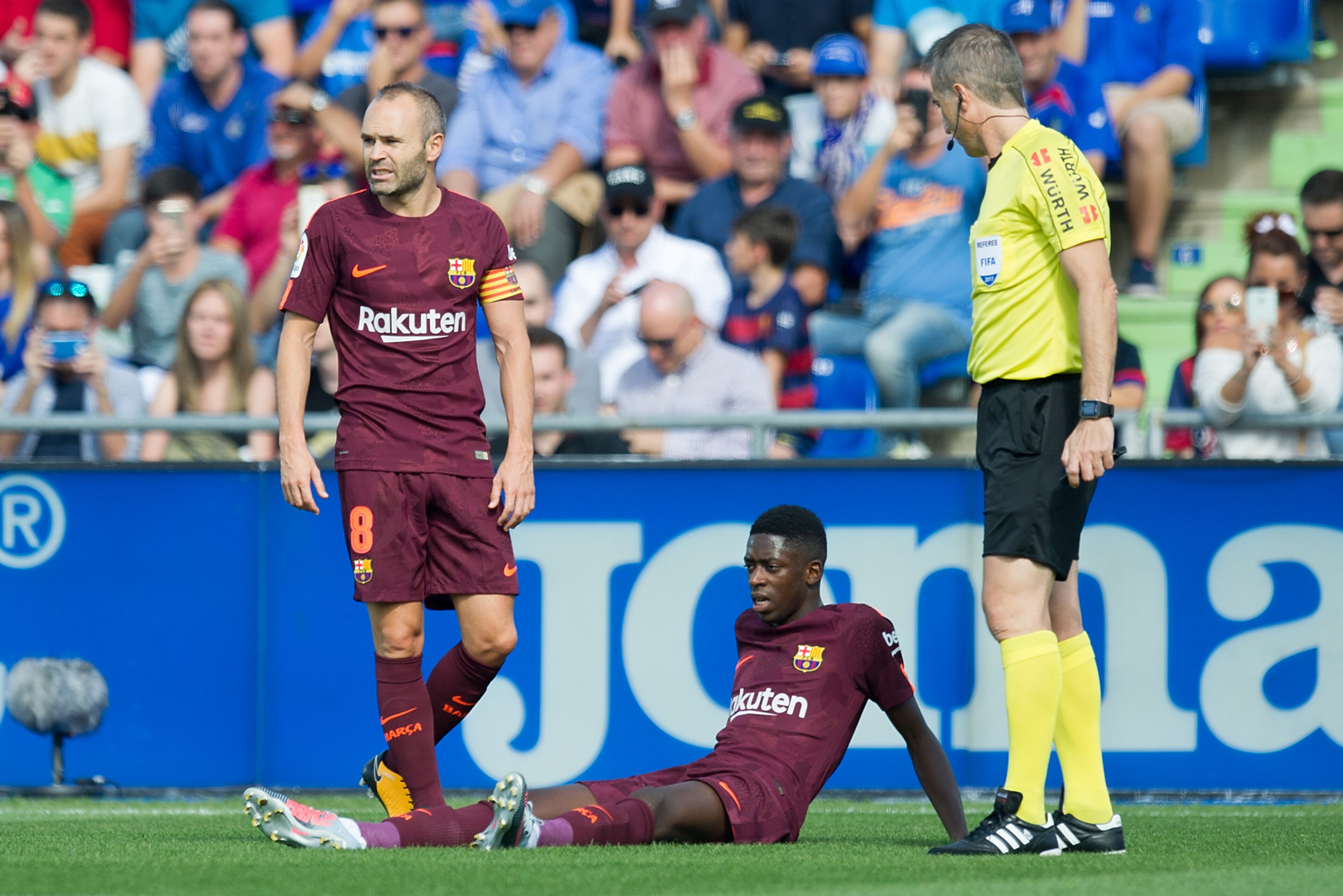 GETAFE, SPAIN - SEPTEMBER 16: Ousmane Dembele of FC Barcelona lies injured during the La Liga match between Getafe and Barcelona at Coliseum Alfonso Perez on September 16, 2017 in Getafe, Spain. (Photo by Denis Doyle/Getty Images)