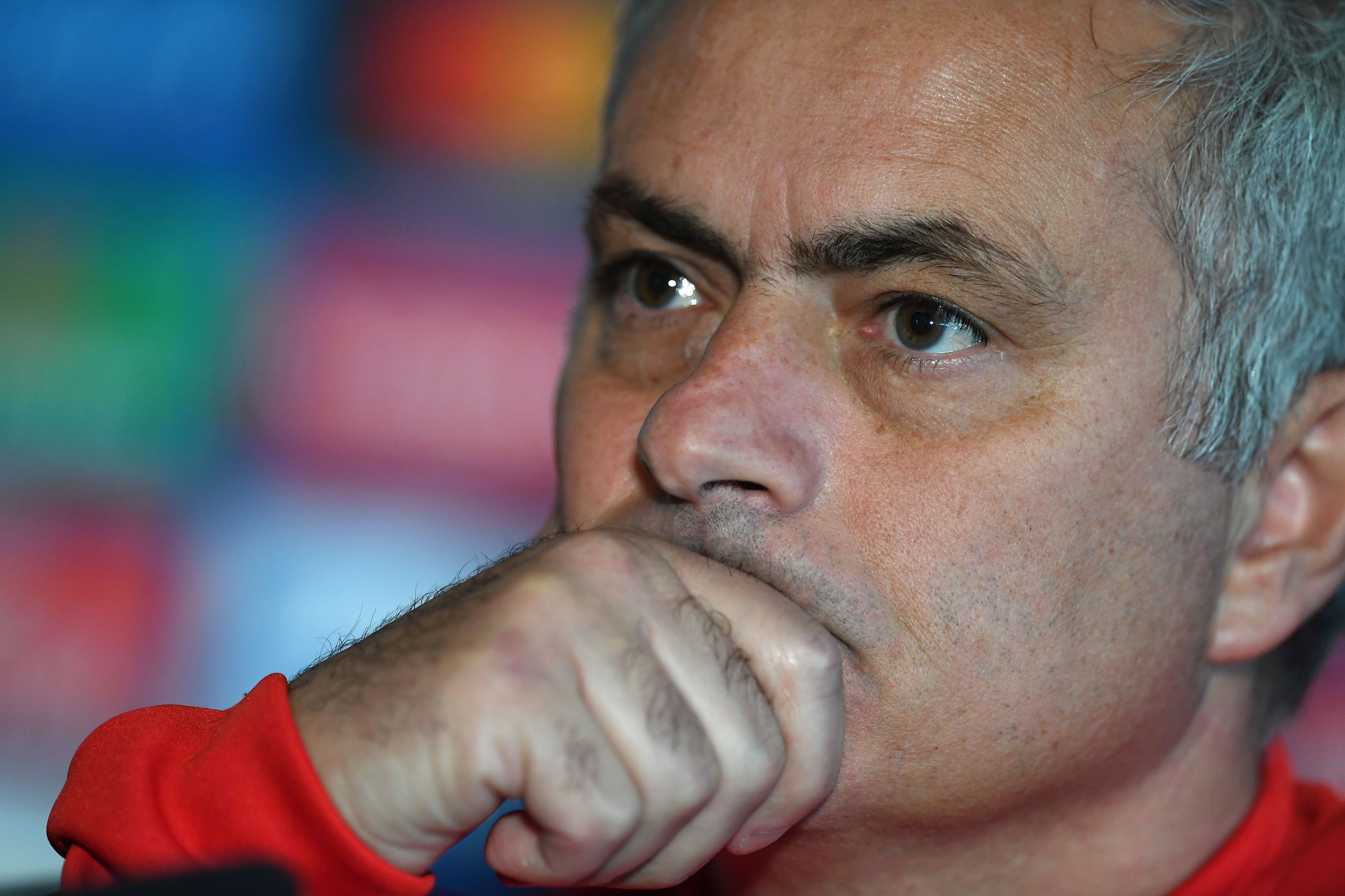 Manchester United's Portuguese manager Jose Mourinho attends a press conference at at Old Trafford in Manchester, north-west England on October 30, 2017, on the eve of their UEFA Champions League Group A football match against SL Benfica. / AFP PHOTO / Pa