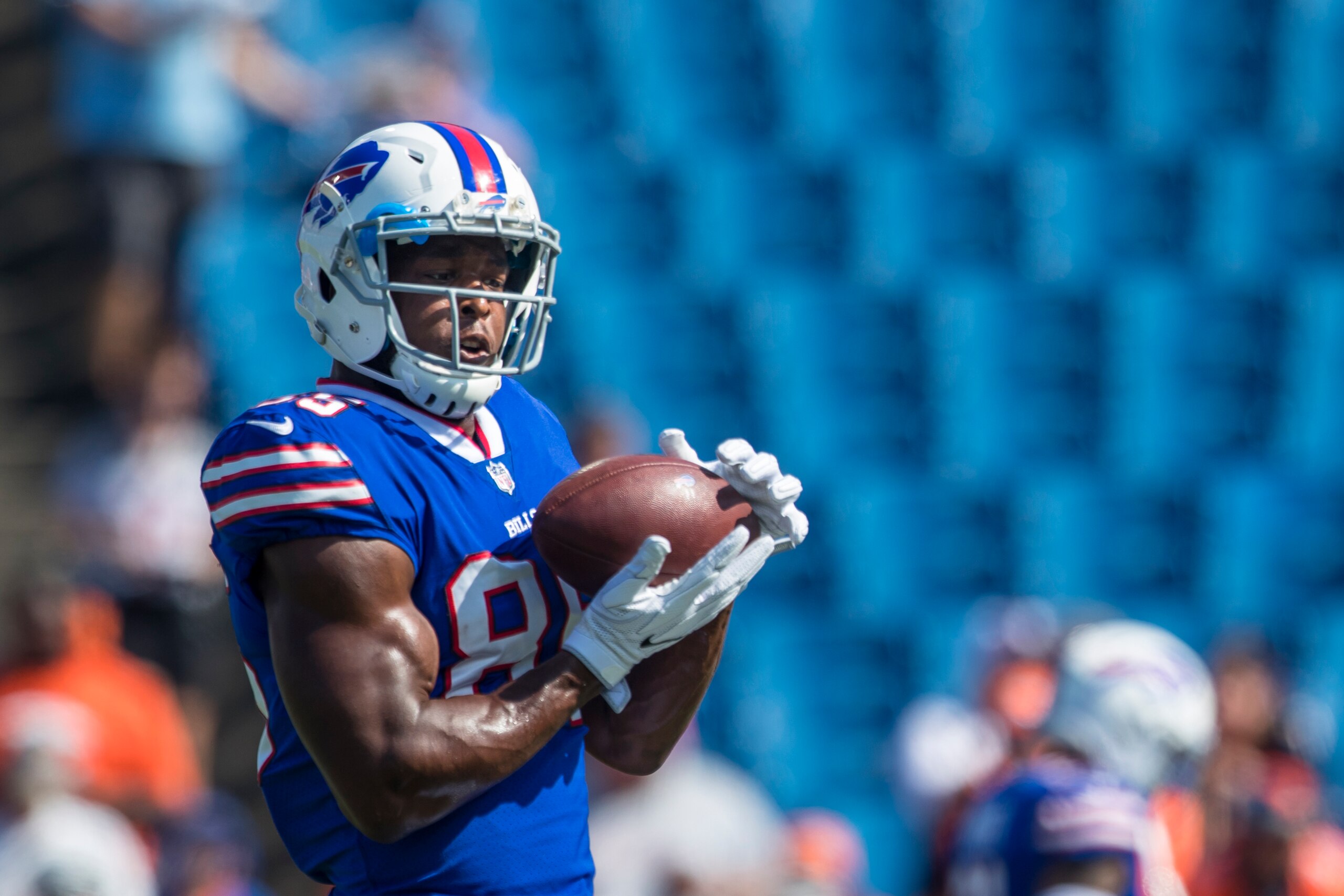 ORCHARD PARK, NY - SEPTEMBER 24: Charles Clay #85 of the Buffalo Bills catches a pass during warm ups before the game against the Denver Broncos on September 24, 2017 at New Era Field in Orchard Park, New York. Buffalo defeats denver 26-16. (Photo by Br ORCHARD PARK, NY - SEPTEMBER 24: Charles Clay #85 of the Buffalo Bills catches a pass during warm ups before the game against the Denver Broncos on September 24, 2017 at New Era Field in Orchard Park, New York. Buffalo defeats denver 26-16. (Photo by Br