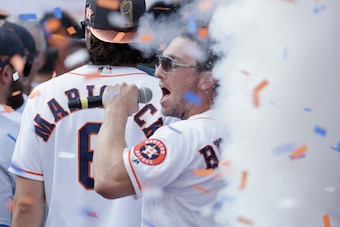 HOUSTON, TX - NOVEMBER 03:  Alex Bregman #2 of the Houston Astros celebrates during the Houston Astros Victory Parade on November 3, 2017 in Houston, Texas.  The Astros defeated the Los Angeles Dodgers 5-1 in Game 7 to win the 2017 World Series.  (Photo b