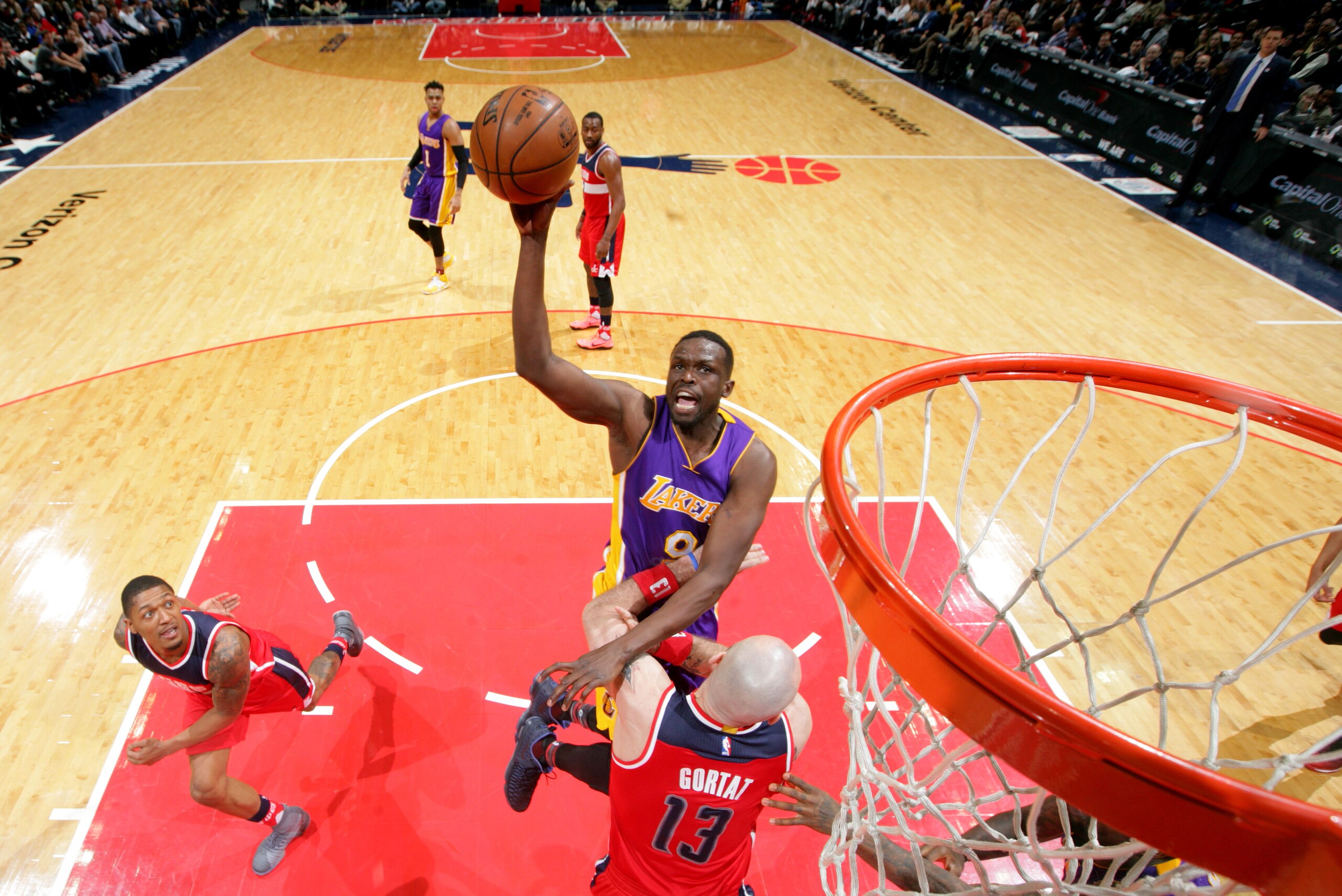 WASHINGTON, DC - FEBRUARY 2:  Luol Deng #9 of the Los Angeles Lakers goes up for a shot during a game against the Washington Wizards on February 2, 2017 at Verizon Center in Washington, DC. NOTE TO USER: User expressly acknowledges and agrees that, by dow