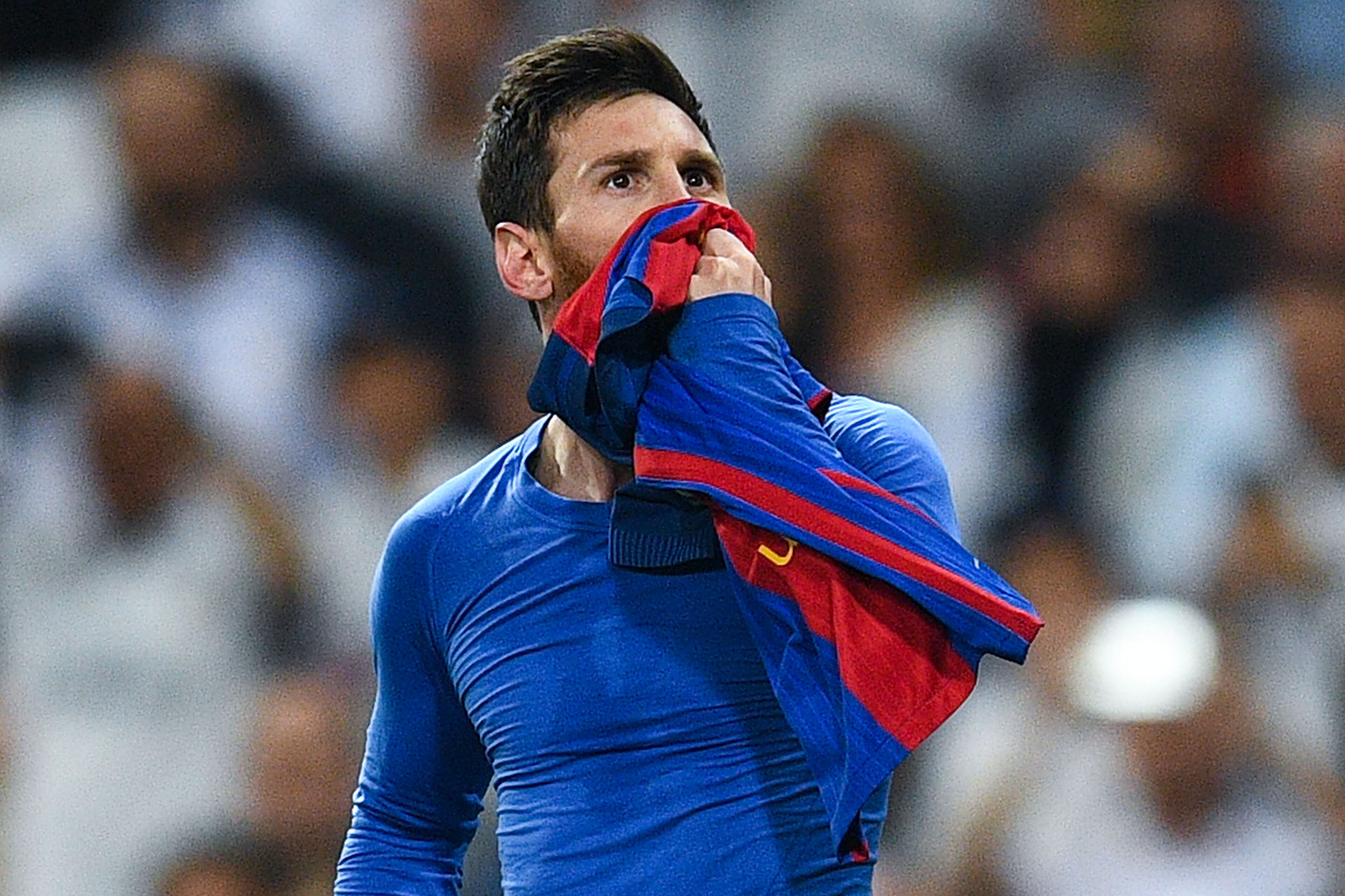 MADRID, SPAIN - APRIL 23:  Lionel Messi of FC Barcelona celebrates after scoring his team's third goal during the La Liga match between Real Madrid CF and FC Barcelona at the Santiago Bernabeu stadium on April 23, 2017 in Madrid, Spain.  (Photo by David R