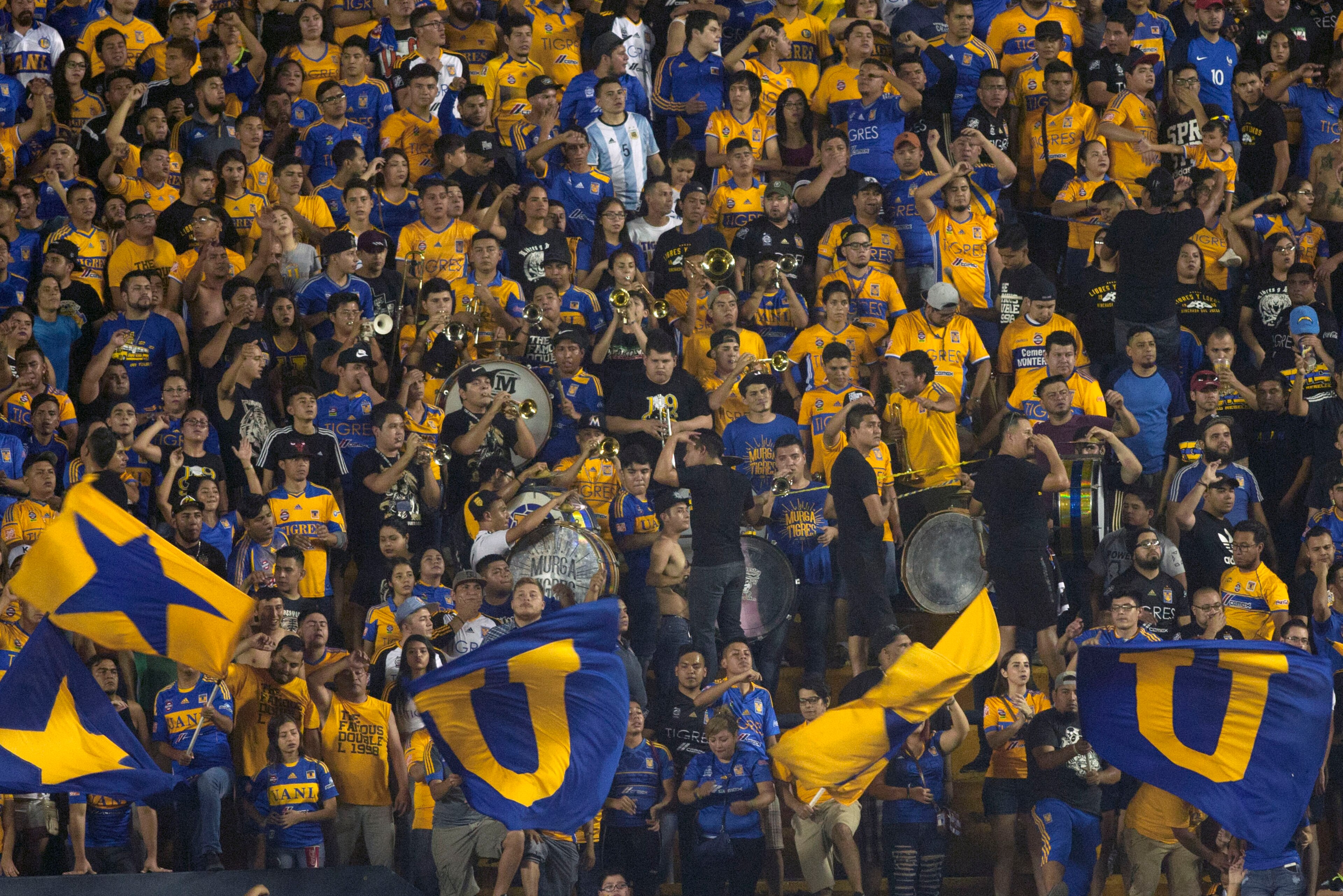 Tigre's fans cheer for their team during the 2017 Mexican Apertura tournament football match against Necaxa, at Universitario stadium in Monterrey, Mexico on November 5, 2017.  / AFP PHOTO / JULIO AGUILAR        (Photo credit should read JULIO AGUILAR/AFP