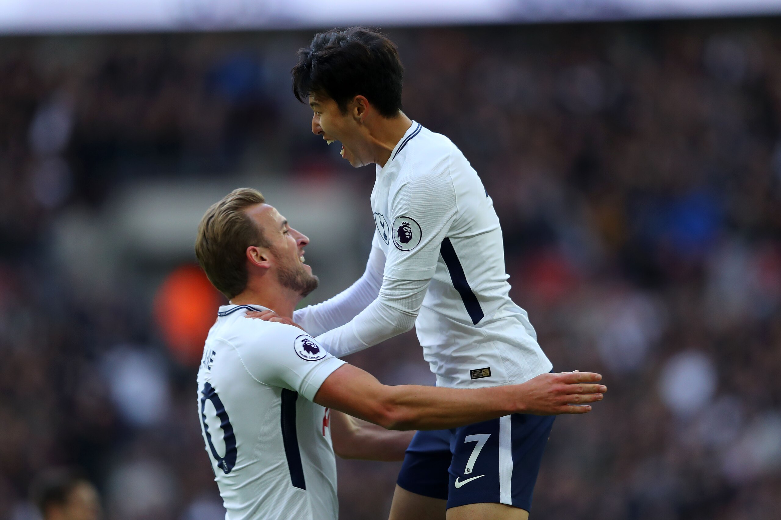 LONDON, ENGLAND - OCTOBER 22: Heung-Min Son of Tottenham Hotspur celebrates scoring his sides second goal with Harry Kane during the Premier League match between Tottenham Hotspur and Liverpool at Wembley Stadium on October 22, 2017 in London, England. (P