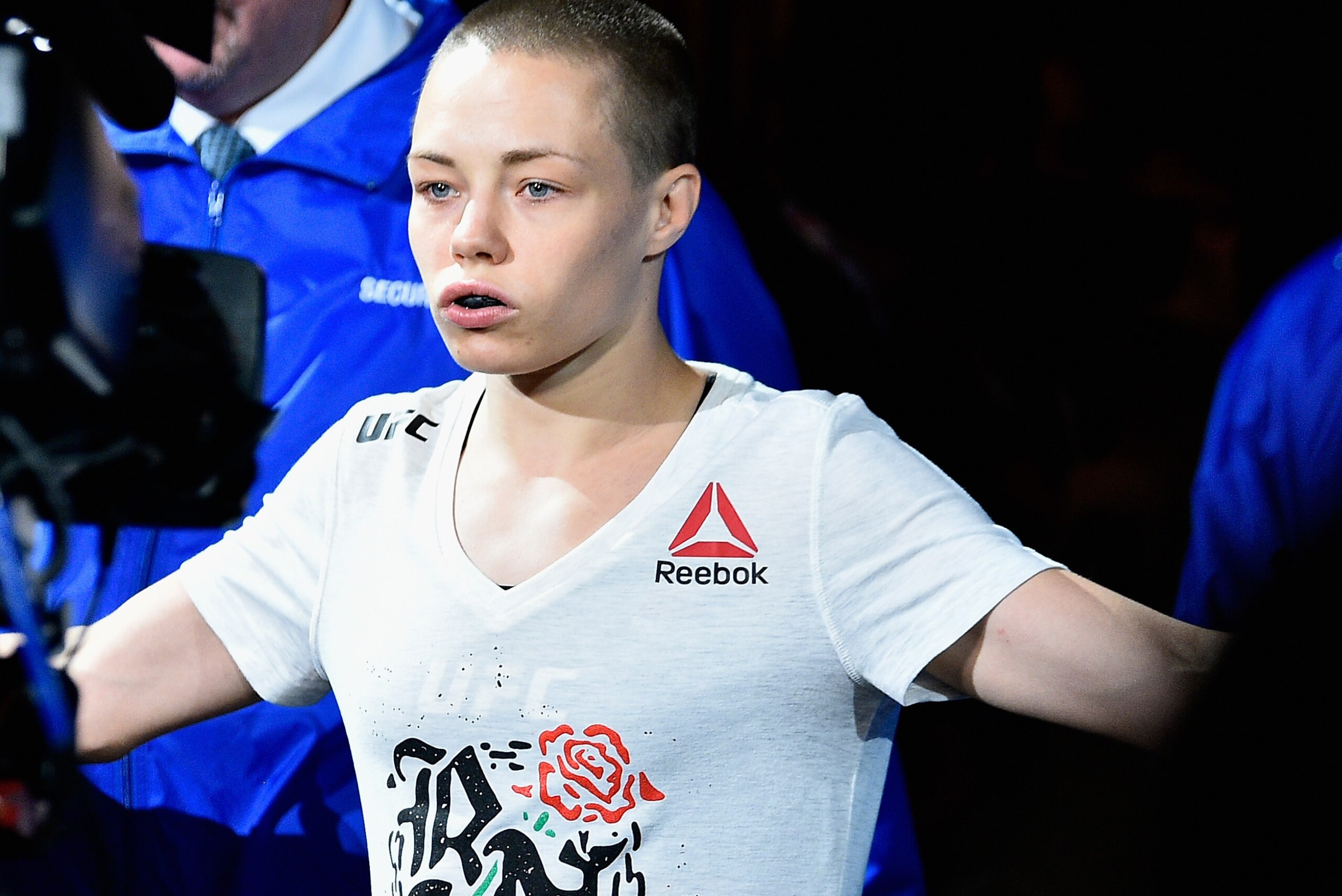 NEW YORK, NY - NOVEMBER 04:  Rose Namajunas
approaches the octagon for her UFC women's strawweight championship bout against Joanna Jedrzejczyk of Poland during the UFC 217 event at Madison Square Garden on November 4, 2017 in New York City.  (Photo by Je