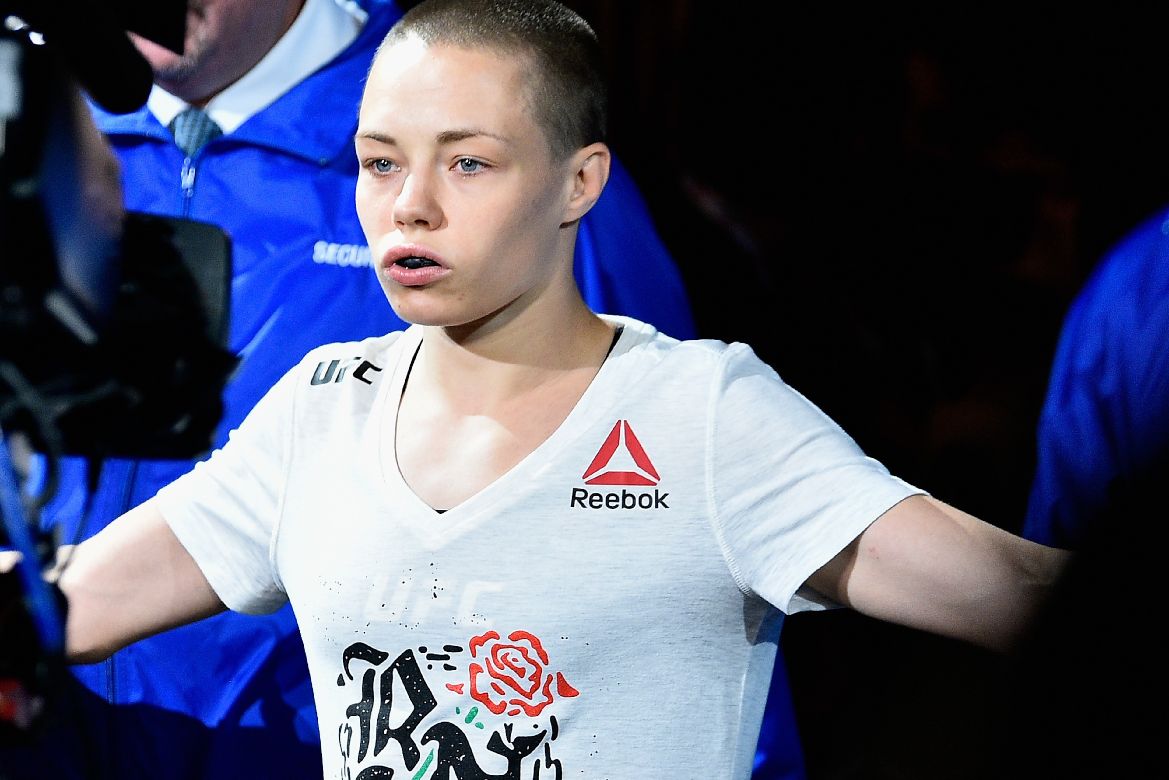 NEW YORK, NY - NOVEMBER 04:  Rose Namajunas
approaches the octagon for her UFC women's strawweight championship bout against Joanna Jedrzejczyk of Poland during the UFC 217 event at Madison Square Garden on November 4, 2017 in New York City.  (Photo by Je