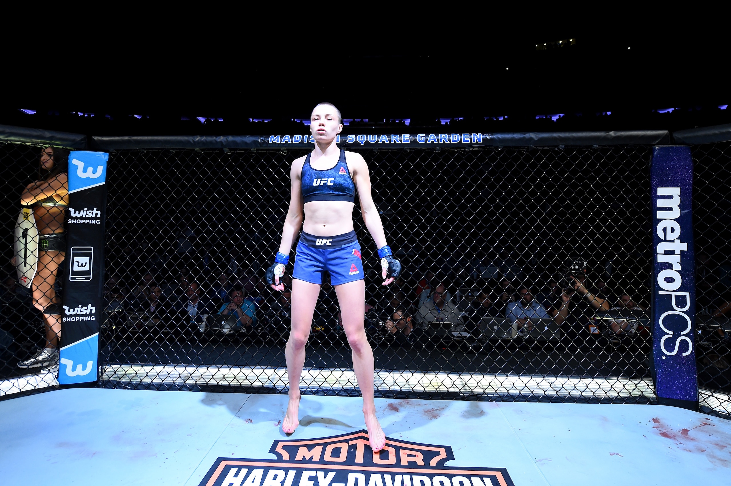 NEW YORK, NY - NOVEMBER 04: Rose Namajunas
enters the octagon for herUFC women's strawweight championship bout against Joanna Jedrzejczyk of Polandduring the UFC 217 event at Madison Square Garden on November 4, 2017 in New York City.  (Photo by Josh Hedg