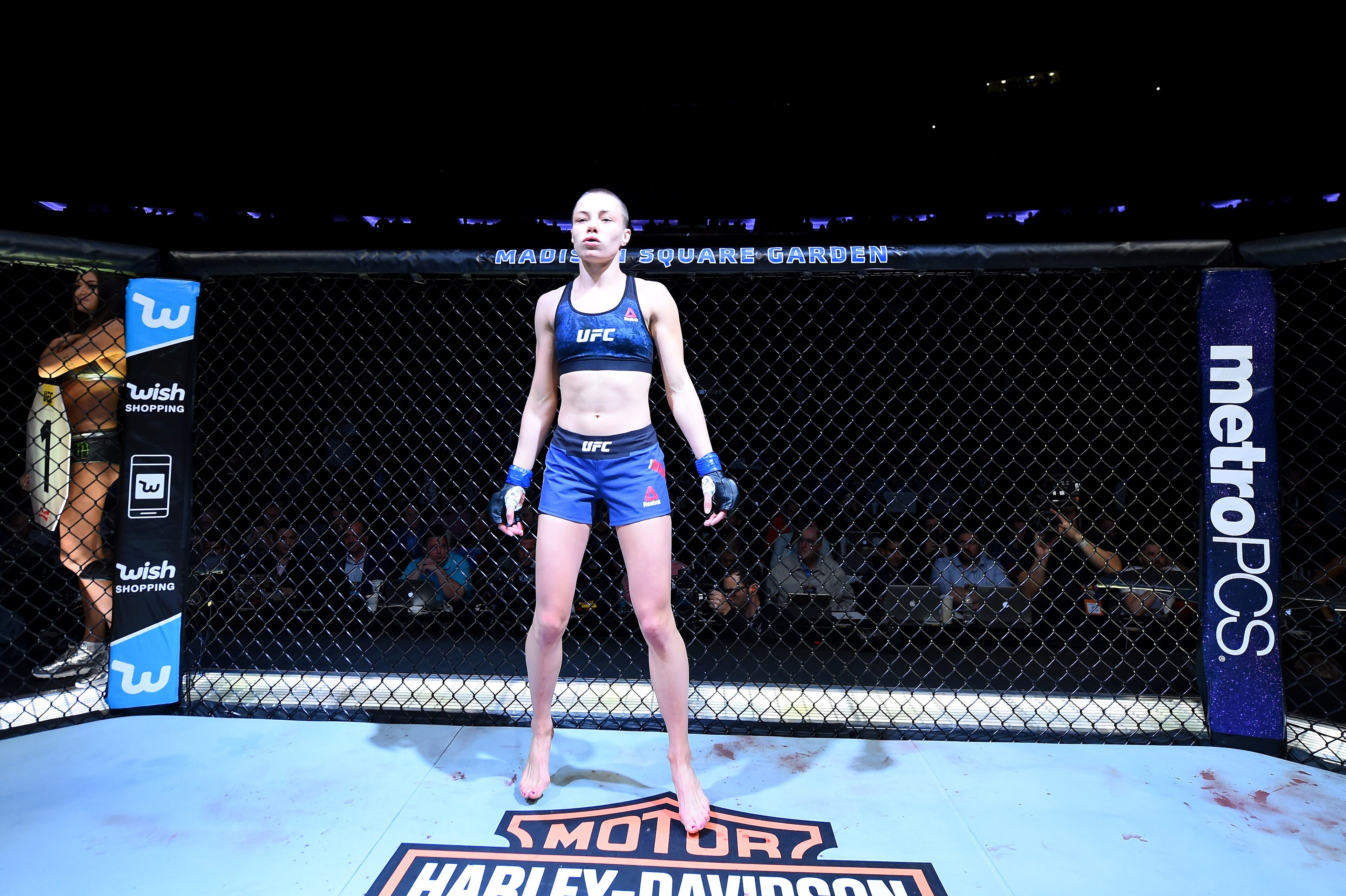 NEW YORK, NY - NOVEMBER 04: Rose Namajunas
enters the octagon for herUFC women's strawweight championship bout against Joanna Jedrzejczyk of Polandduring the UFC 217 event at Madison Square Garden on November 4, 2017 in New York City.  (Photo by Josh Hedg