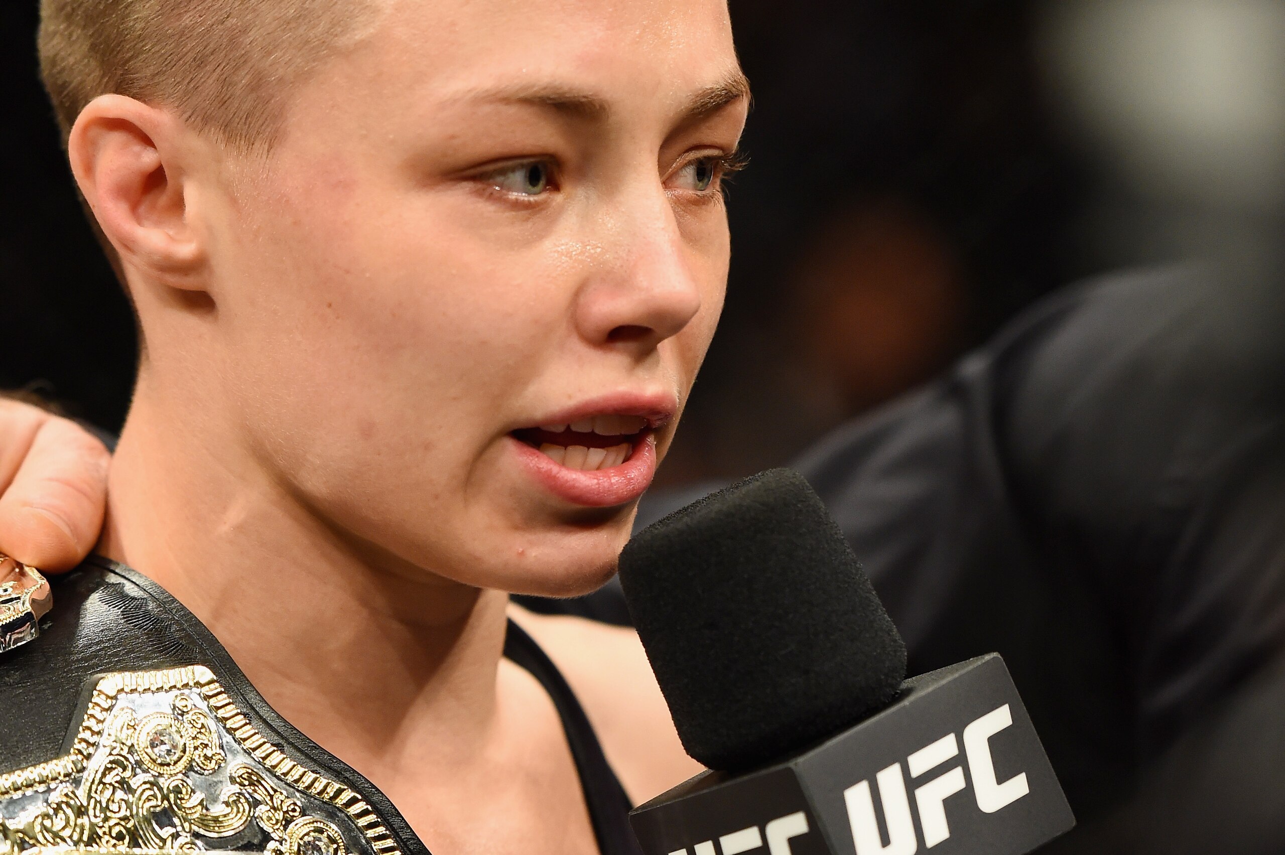NEW YORK, NY - NOVEMBER 04:  Rose Namajunas
accepts her championship belt following her victory over Joanna Jedrzejczyk of Poland in their UFC women's strawweight championship bout during the UFC 217 event at Madison Square Garden on November 4, 2017 in N