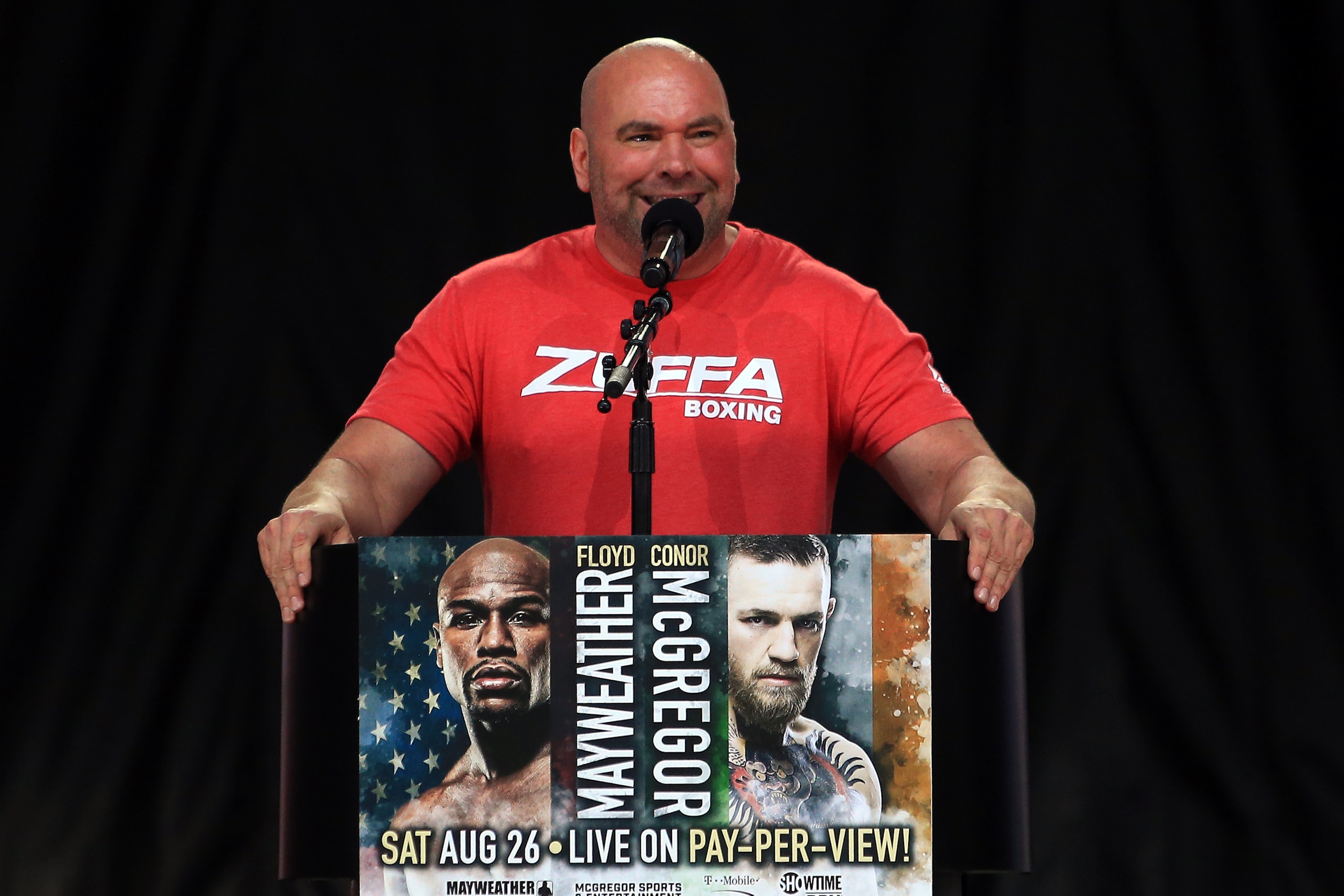 TORONTO, ON - JULY 12: UFC President Dana White speaks during the Floyd Mayweather Jr. v Conor McGregor World Press Tour at Budweiser Stage on July 12, 2017 in Toronto, Canada. (Photo by Vaughn Ridley/Getty Images) TORONTO, ON - JULY 12: UFC President Dana White speaks during the Floyd Mayweather Jr. v Conor McGregor World Press Tour at Budweiser Stage on July 12, 2017 in Toronto, Canada. (Photo by Vaughn Ridley/Getty Images)
