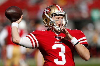 SANTA CLARA, CA - NOVEMBER 05: C.J. Beathard #3 of the San Francisco 49ers warms up before the game against the Arizona Cardinals at Levi's Stadium on November 5, 2017 in Santa Clara, California. (Photo by Lachlan Cunningham/Getty Images)