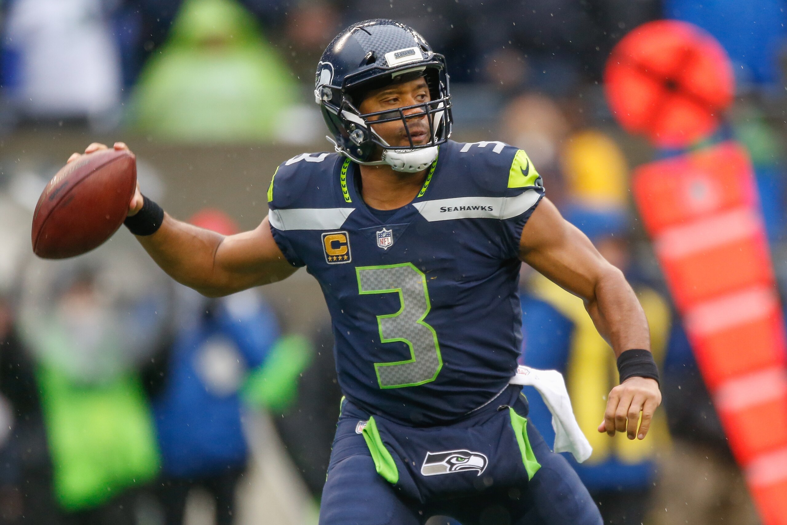 SEATTLE, WA - NOVEMBER 05: Quarterback Russell Wilson #3 of the Seattle Seahawks passes against the Washington Redskins at CenturyLink Field on November 5, 2017 in Seattle, Washington. (Photo by Otto Greule Jr/Getty Images)