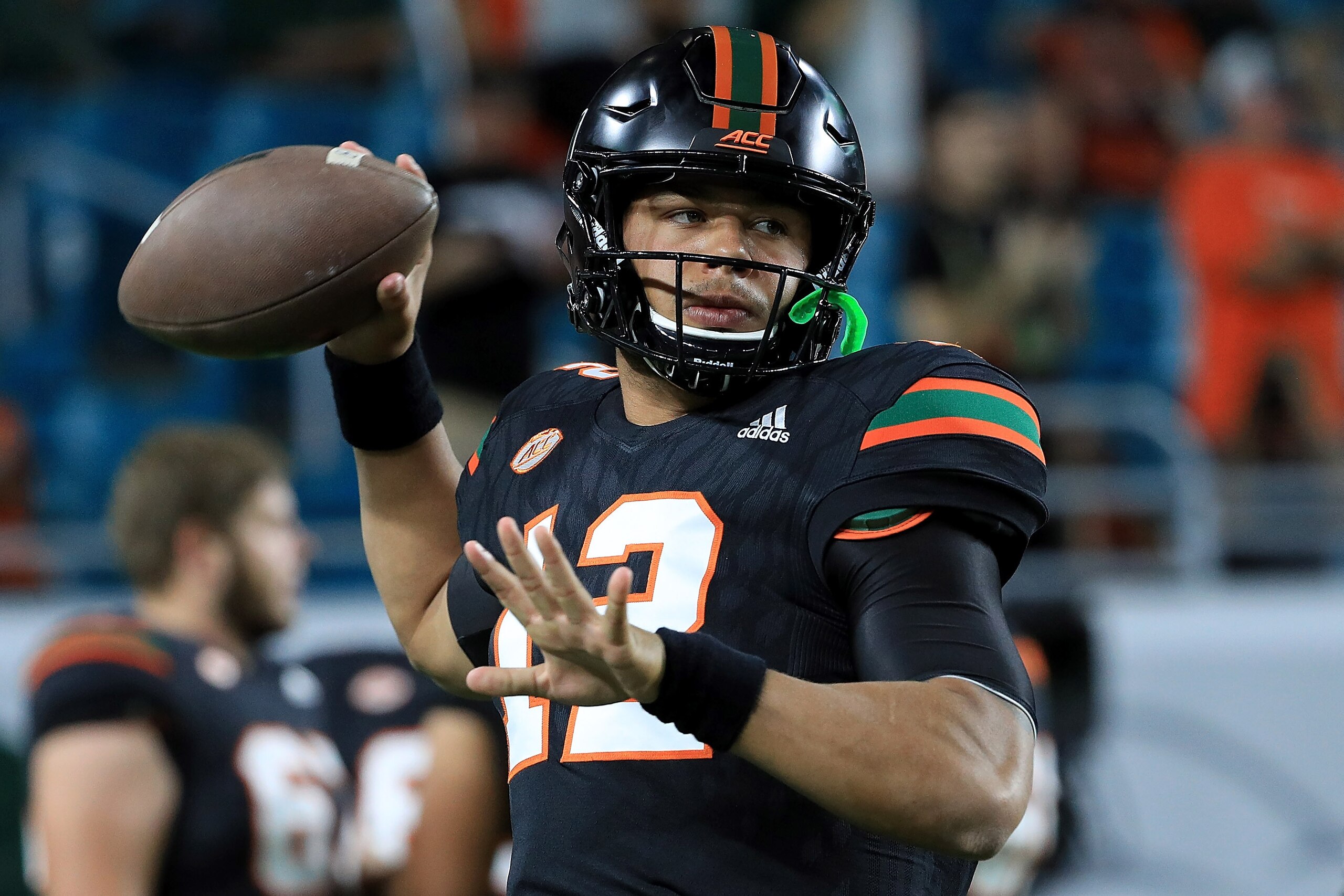MIAMI GARDENS, FL - NOVEMBER 04: Malik Rosier #12 of the Miami Hurricanes warms up during a game against the Virginia Tech Hokies at Hard Rock Stadium on November 4, 2017 in Miami Gardens, Florida. (Photo by Mike Ehrmann/Getty Images) MIAMI GARDENS, FL - NOVEMBER 04: Malik Rosier #12 of the Miami Hurricanes warms up during a game against the Virginia Tech Hokies at Hard Rock Stadium on November 4, 2017 in Miami Gardens, Florida. (Photo by Mike Ehrmann/Getty Images)