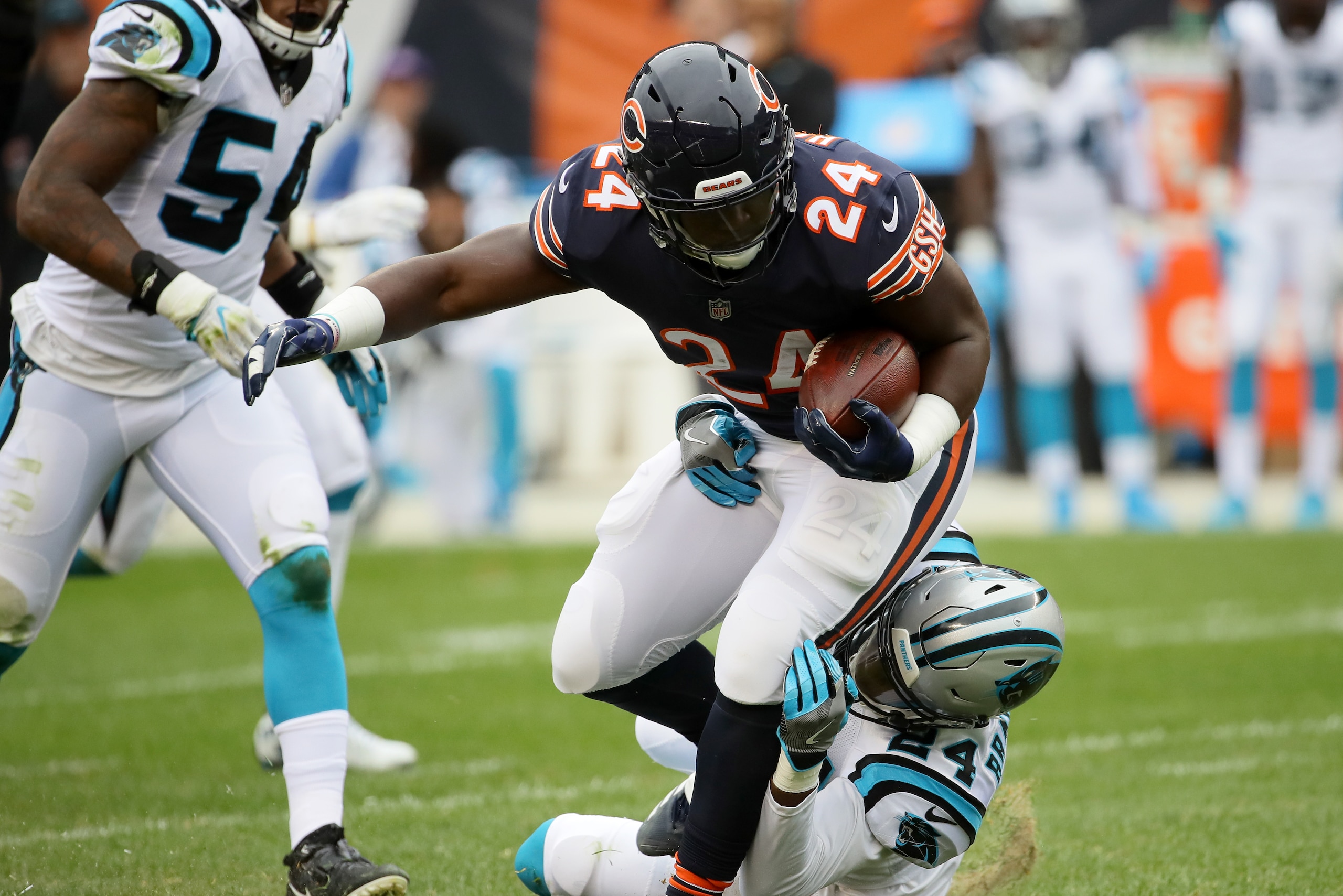 CHICAGO, IL - OCTOBER 22: Jordan Howard #24 of the Chicago Bears is tackled by James Bradberry #24 of the Carolina Panthers in the first quarter at Soldier Field on October 22, 2017 in Chicago, Illinois. (Photo by Jonathan Daniel/Getty Images) CHICAGO, IL - OCTOBER 22: Jordan Howard #24 of the Chicago Bears is tackled by James Bradberry #24 of the Carolina Panthers in the first quarter at Soldier Field on October 22, 2017 in Chicago, Illinois. (Photo by Jonathan Daniel/Getty Images)