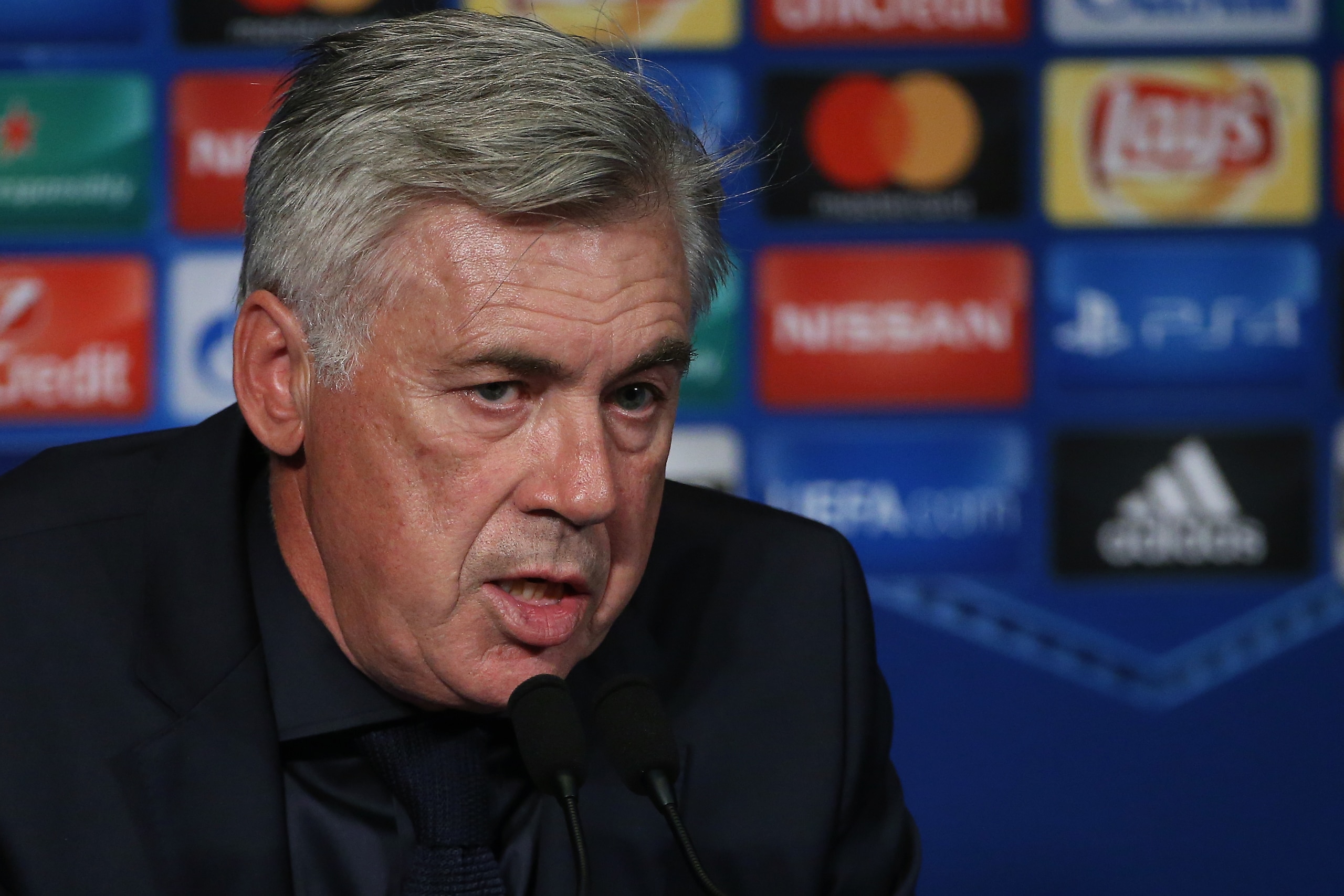 PARIS, FRANCE - SEPTEMBER 27: Coach of Bayern Munich Carlo Ancelotti answers to the media following the UEFA Champions League group B match between Paris Saint-Germain (PSG) and Bayern Muenchen (Bayern Munich) at Parc des Princes on September 27, 2017 in 