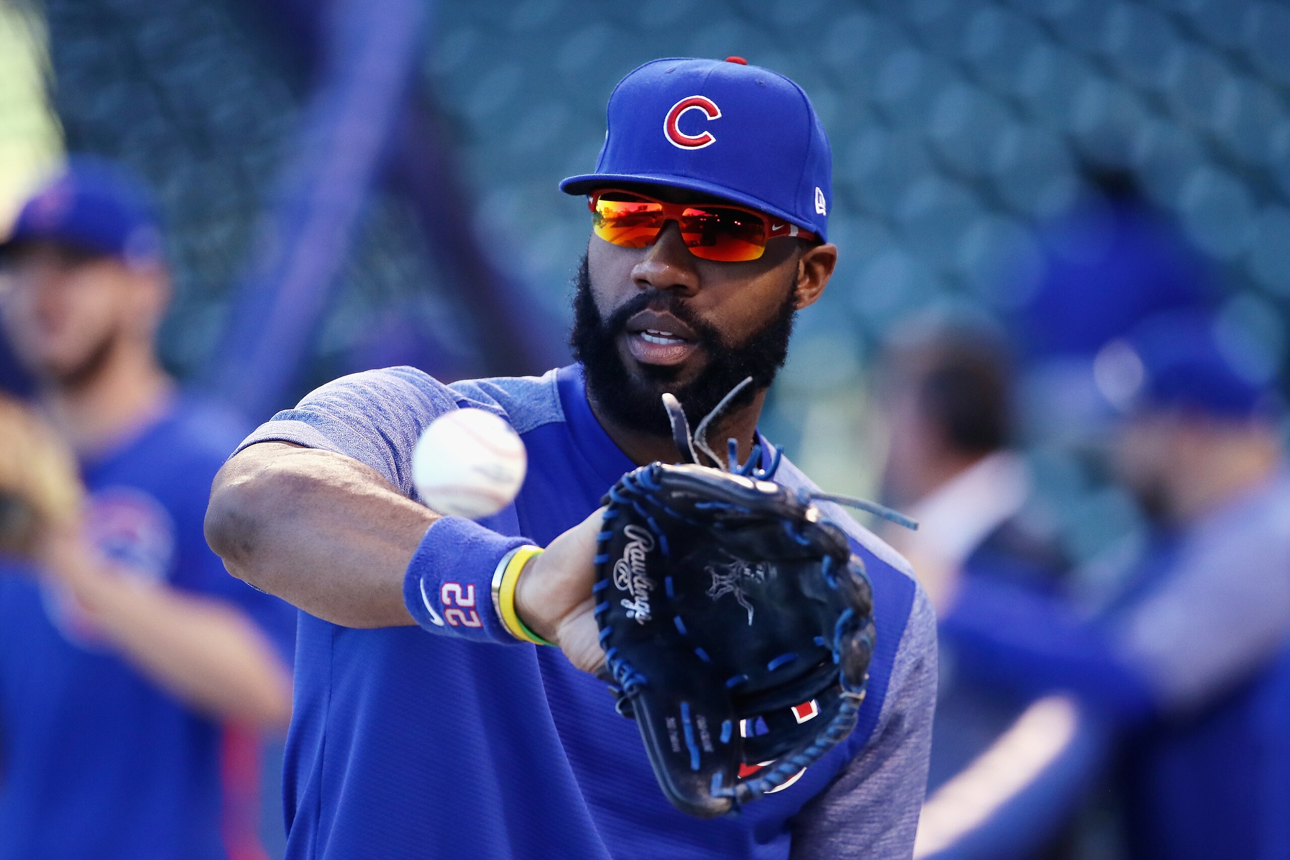 CHICAGO, IL - OCTOBER 17:  Jason Heyward #22 of the Chicago Cubs warms up before game three of the National League Championship Series against the Los Angeles Dodgers at Wrigley Field on October 17, 2017 in Chicago, Illinois.  (Photo by Jonathan Daniel/Ge