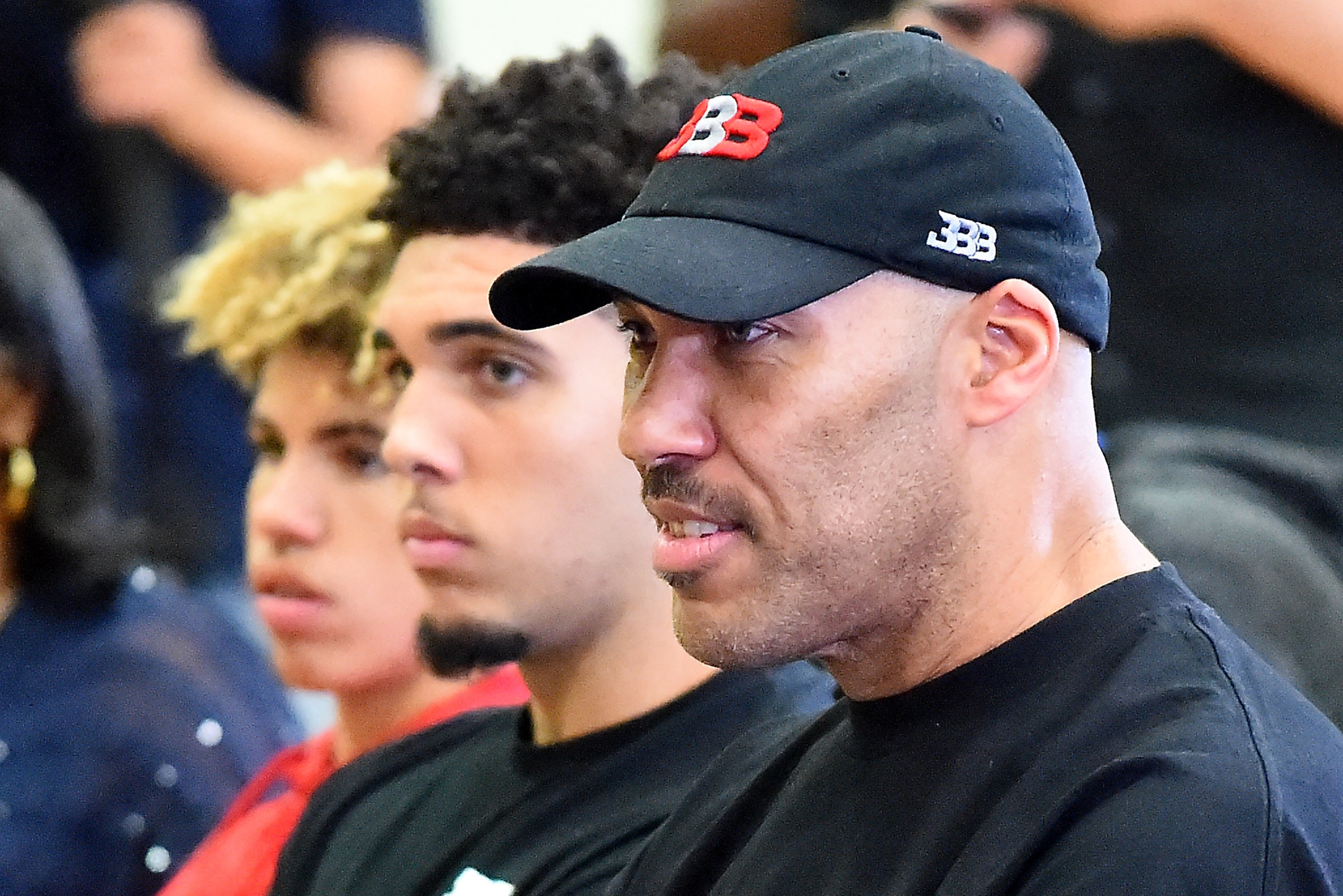 LOS ANGELES, CA - JUNE 23: LaMelo, LiAngelo and LeVar Ball attend a press conference for Lonzo Ball #2 of the Los Angeles Lakers on June 23, 2017 the the team training faculity in Los Angeles, California.  (Photo by Jayne Kamin-Oncea/Getty Images)