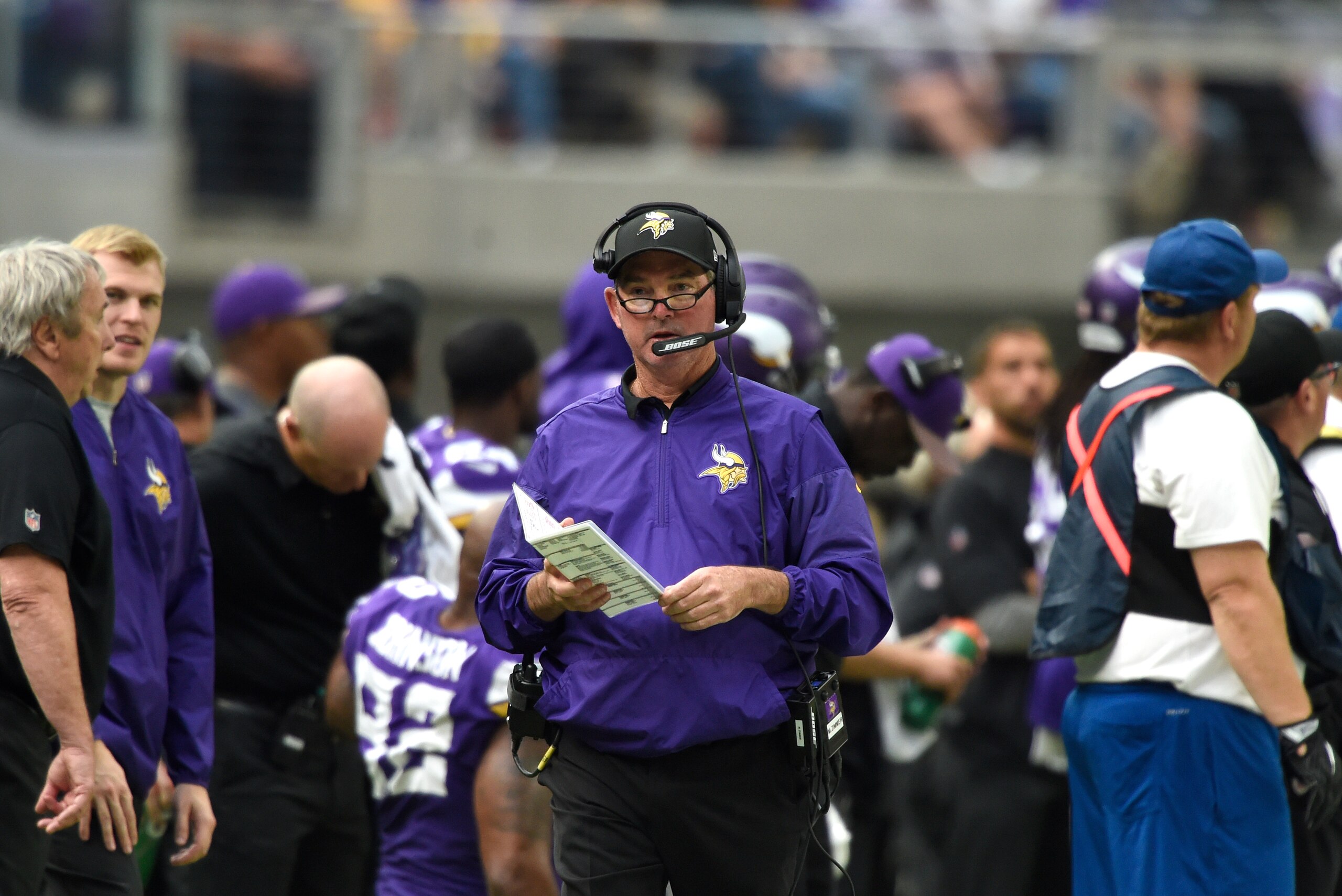 MINNEAPOLIS, MN - OCTOBER 1: Minnesota Vikings head coach Mike Zimmer on the sideline in the second half of the game against the Detroit Lions on October 1, 2017 at U.S. Bank Stadium in Minneapolis, Minnesota. (Photo by Hannah Foslien/Getty Images)