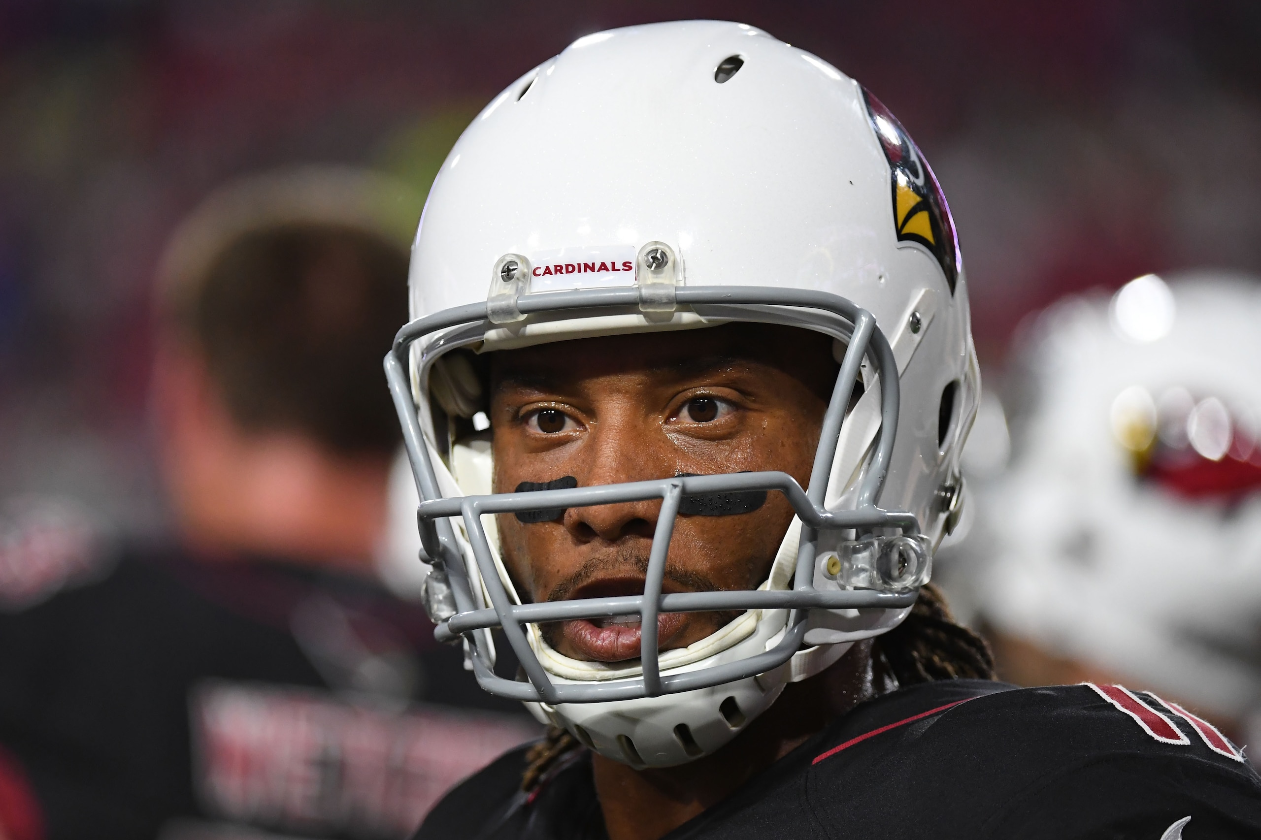 GLENDALE, AZ - NOVEMBER 09: Wide receiver Larry Fitzgerald #11 of the Arizona Cardinals reacts on the field prior to the NFL game Seahawks at University of Phoenix Stadium on November 9, 2017 in Glendale, Arizona. (Photo by Norm Hall/Getty Images)