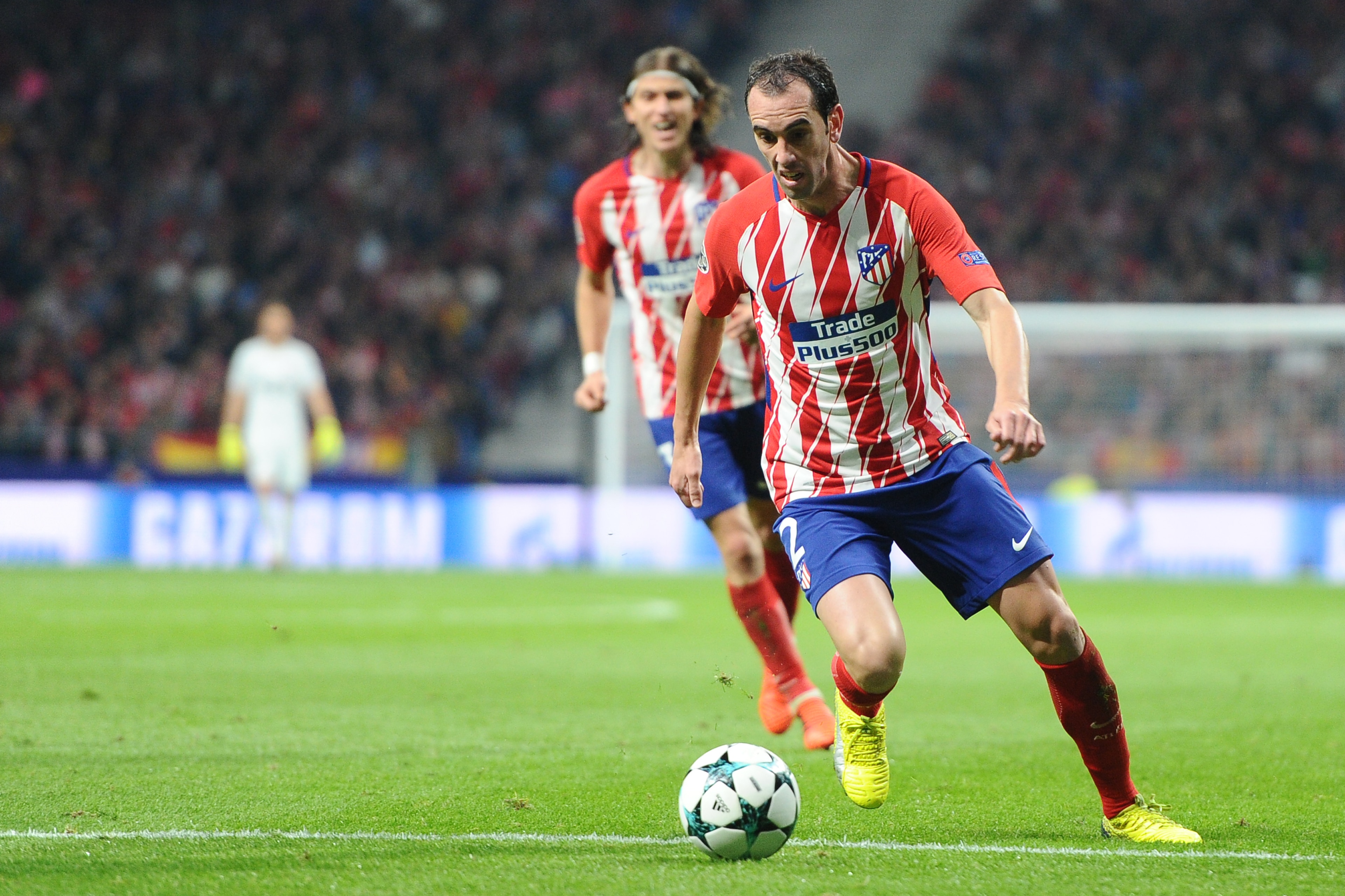 MADRID, SPAIN - OCTOBER 31: Diego Godin, #2 of Atletico de Madrid during the UEFA Champions League group C match between Club Atletico de Madrid and  Qarabag FK  at Wanda Metropolitano on October 31, 2017 in Madrid, Spain. (Photo by Sonia Canada/Getty Ima