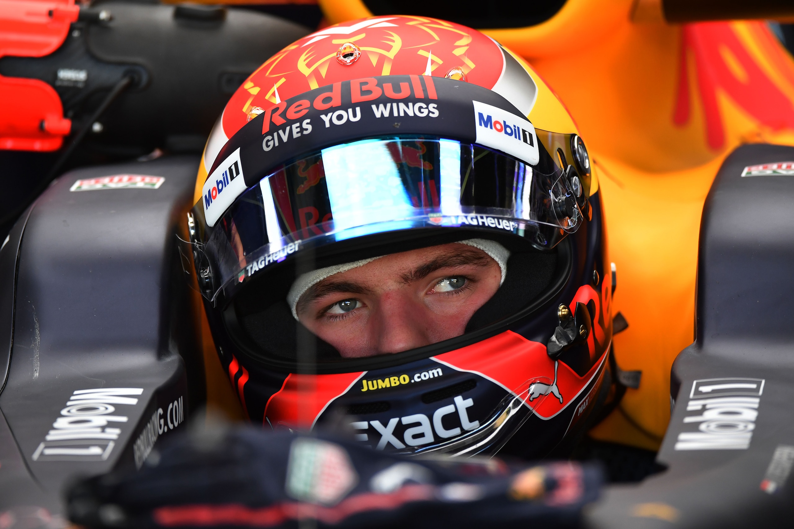 Red Bull's Dutch driver Max Verstappen is pictured in his cockpit at the pits, during the Brazilian Formula One Grand Prix first practice session, at the Interlagos circuit in Sao Paulo, Brazil on November 10, 2017. 
 / AFP PHOTO / NELSON ALMEIDA        (
